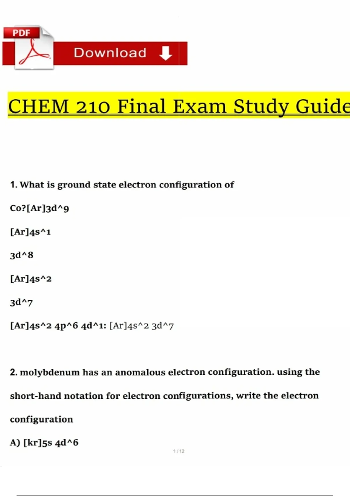 CHEM 210 Final Exam Study Guide | Latest | Complete A+ Prep - CHEM 210 ...
