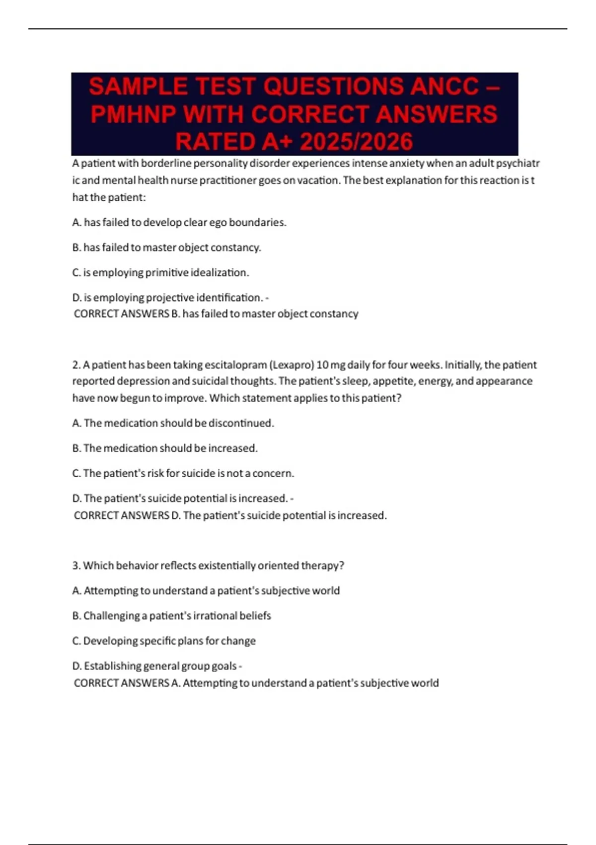 SAMPLE TEST QUESTIONS ANCC – PMHNP WITH CORRECT ANSWERS RATED A+ 2025/ ...