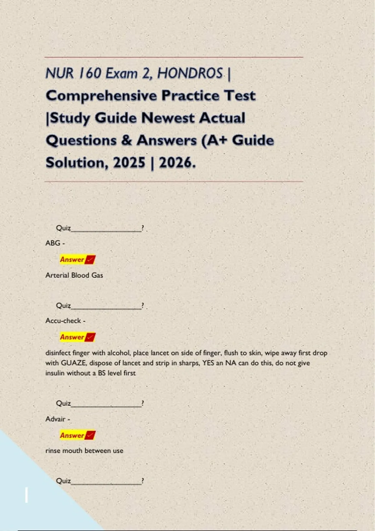 NUR 160 Exam 2, HONDROS | Comprehensive Practice Test |Study Guide ...