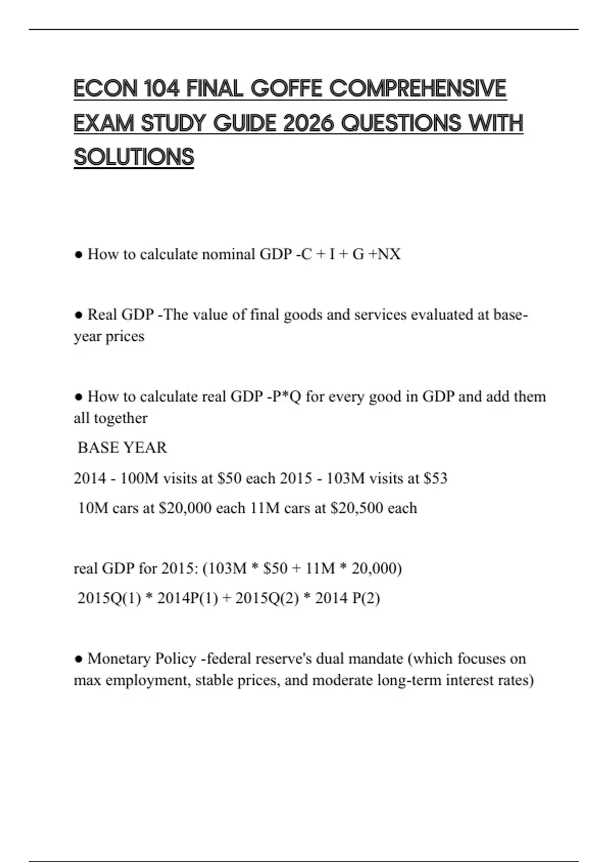 ECON 104 FINAL GOFFE COMPREHENSIVE EXAM STUDY GUIDE 2026 QUESTIONS WITH ...