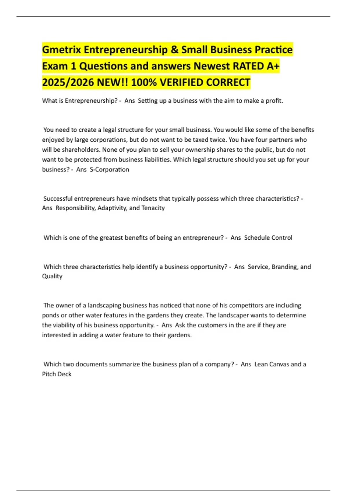Gmetrix Entrepreneurship &amp; Small Business Practice Exam 1 Questions and answers Newest RATED A+ ...
