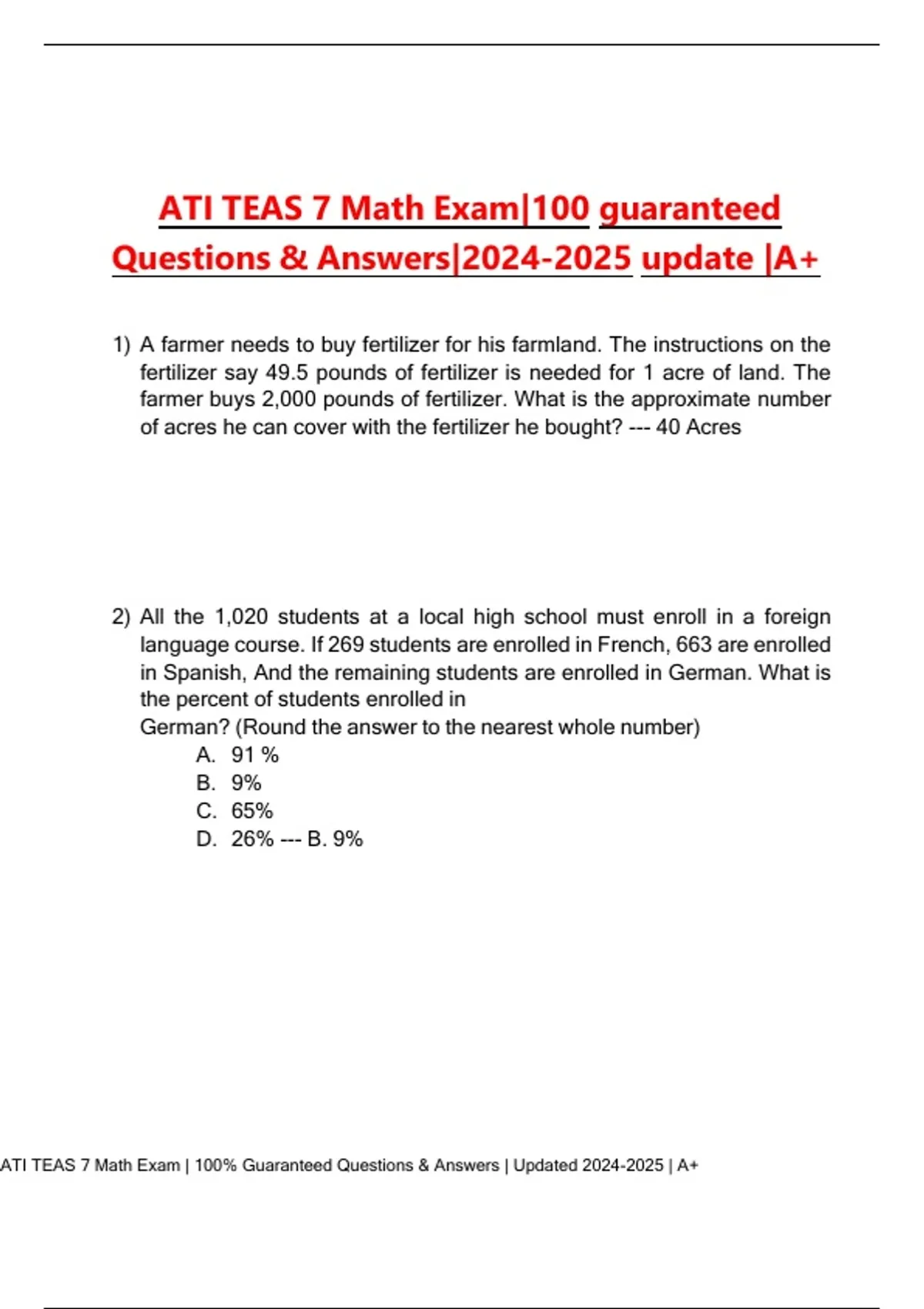 ATI TEAS 7 Math Exam 100- Guaranteed Questions & Answers Updated A+ ...