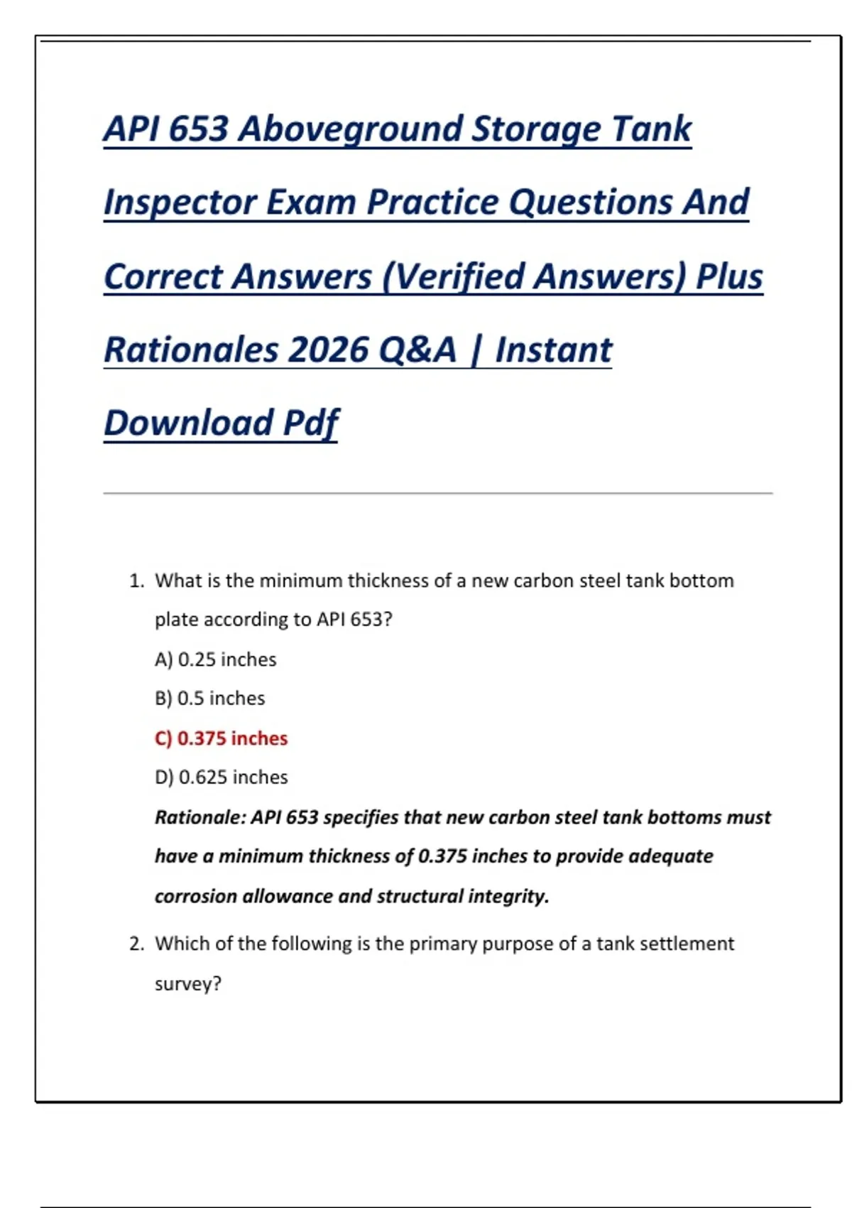 API 653 Aboveground Storage Tank Inspector Exam Practice Questions And ...