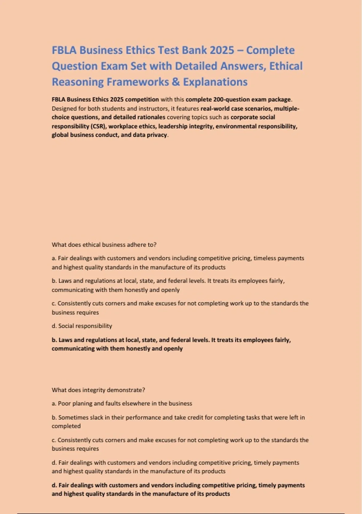 FBLA Business Ethics Test Bank 2025 – Complete Question Exam Set with ...