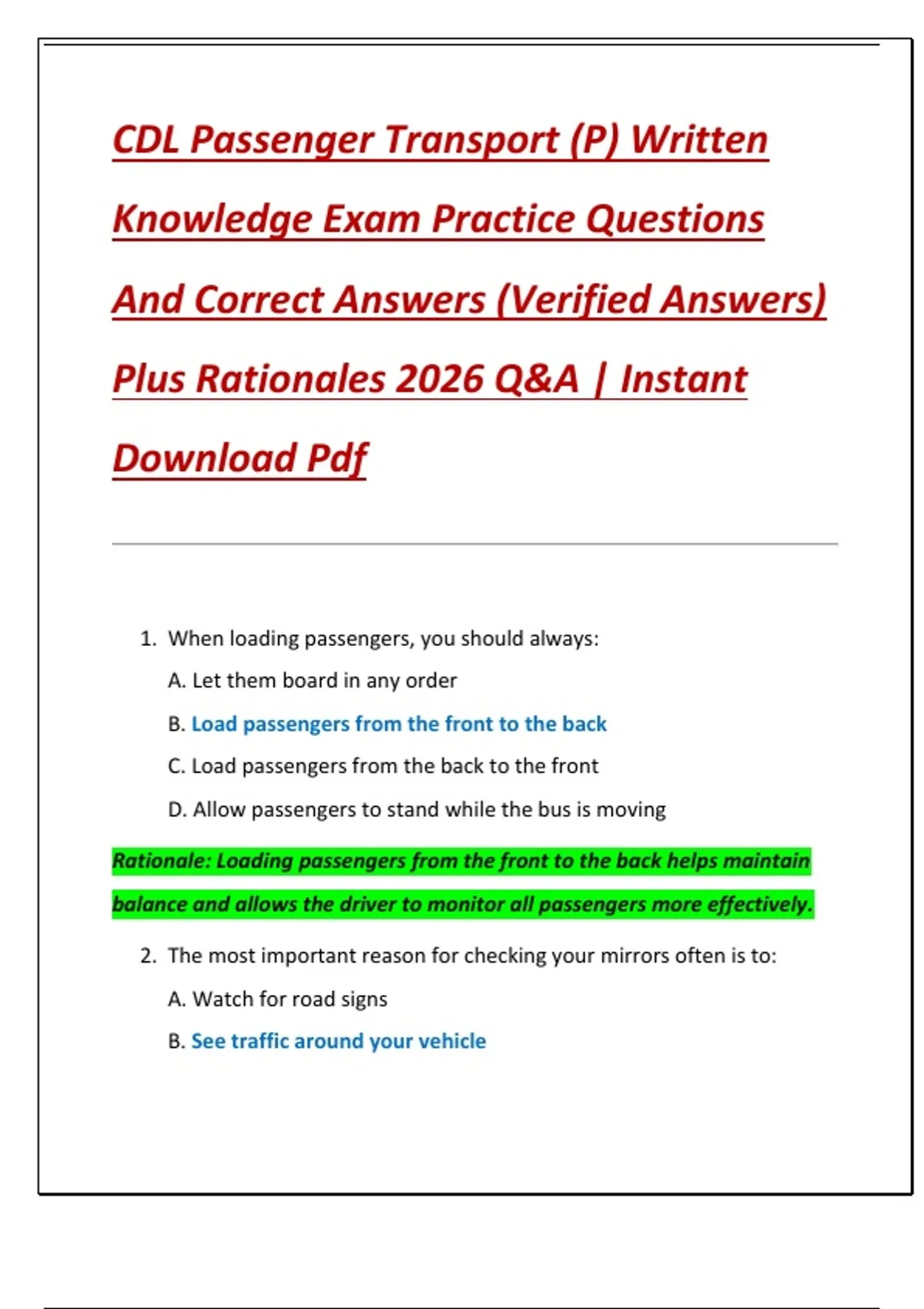 CDL Passenger Transport (P) Written Knowledge Exam Practice Questions ...