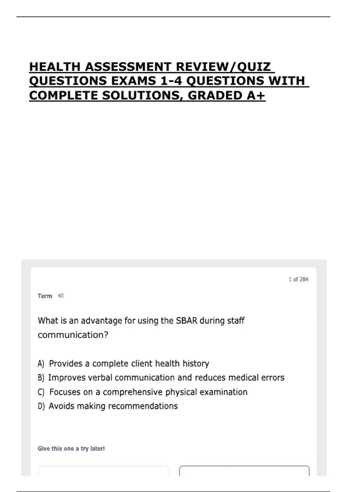 HEALTH ASSESSMENT REVIEW/QUIZ QUESTIONS EXAMS 1-4 QUESTIONS 2025/26 ...
