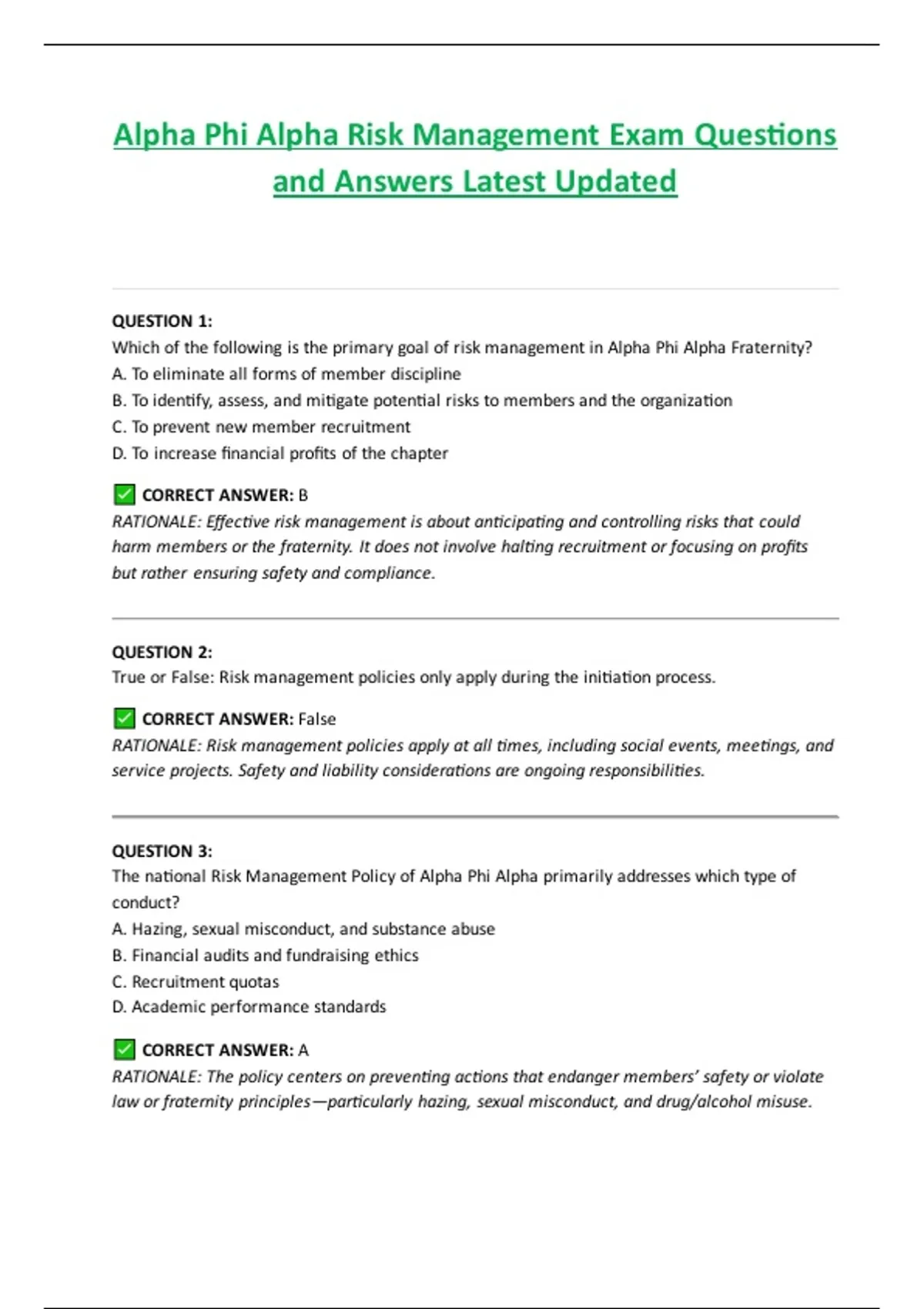 Alpha Phi Alpha Risk Management Exam Questions and Answers Latest ...