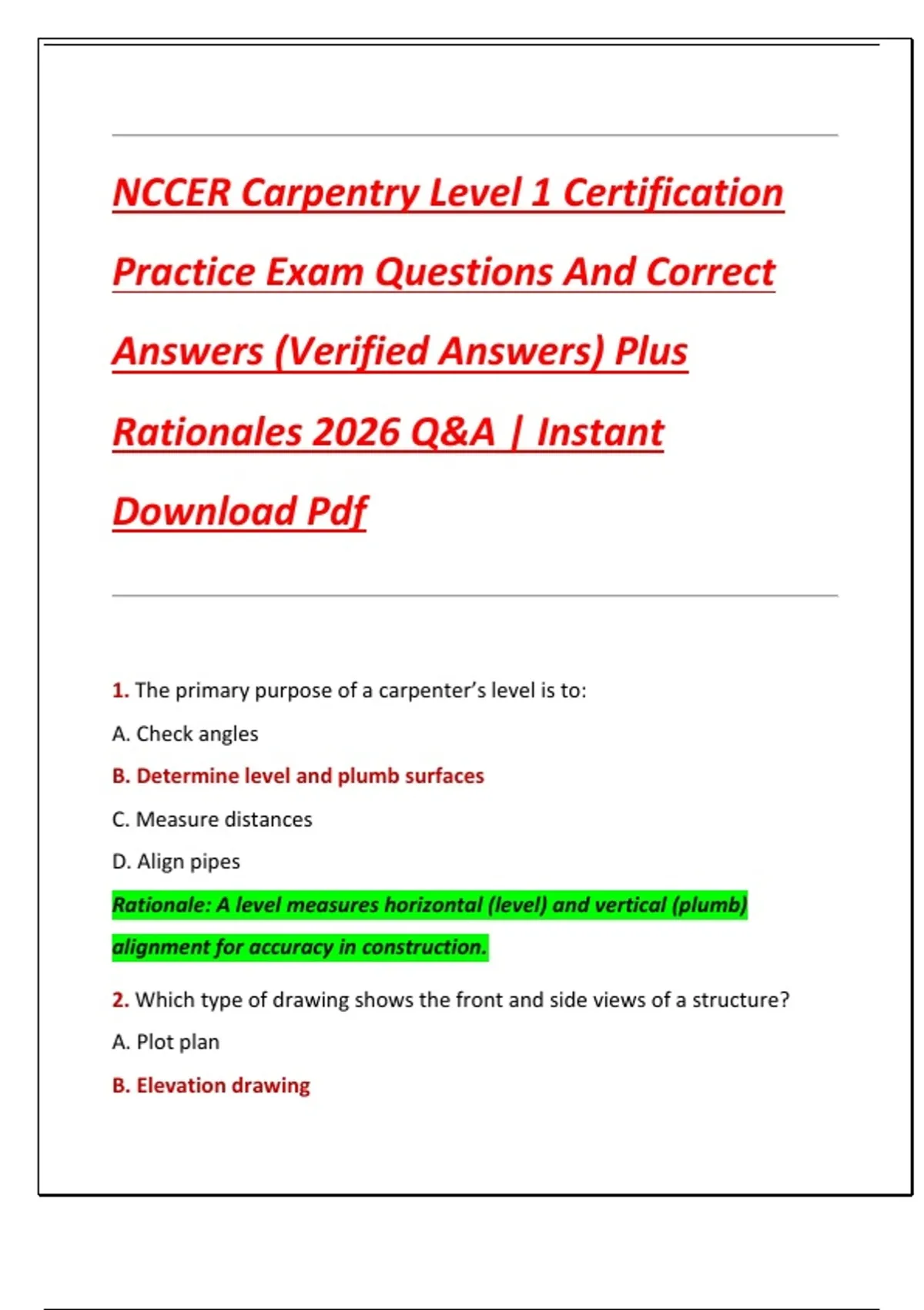 NCCER Carpentry Level 1 Certification Practice Exam Questions And ...