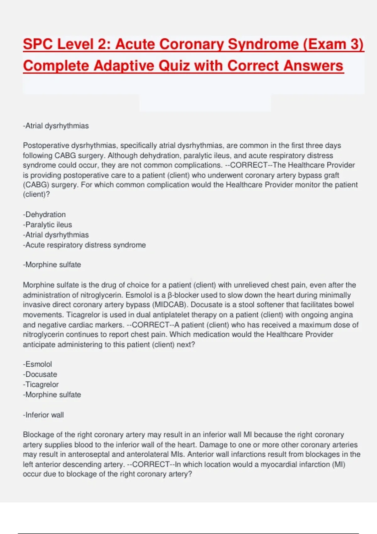 SPC Level 2: Acute Coronary Syndrome (Exam 3) Complete Adaptive Quiz ...