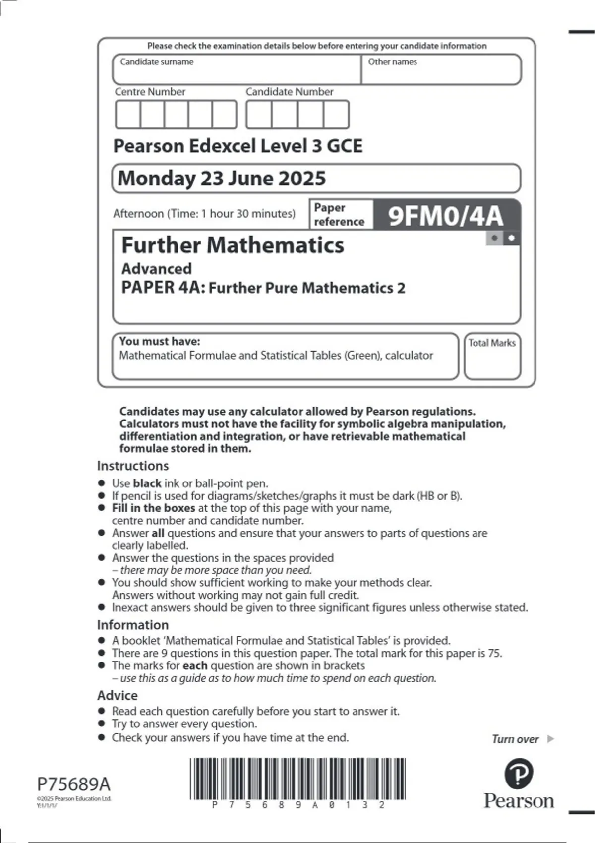 Pearson Edexcel Level 3 GCE Further Mathematics Advanced PAPER 4A JUNE ...