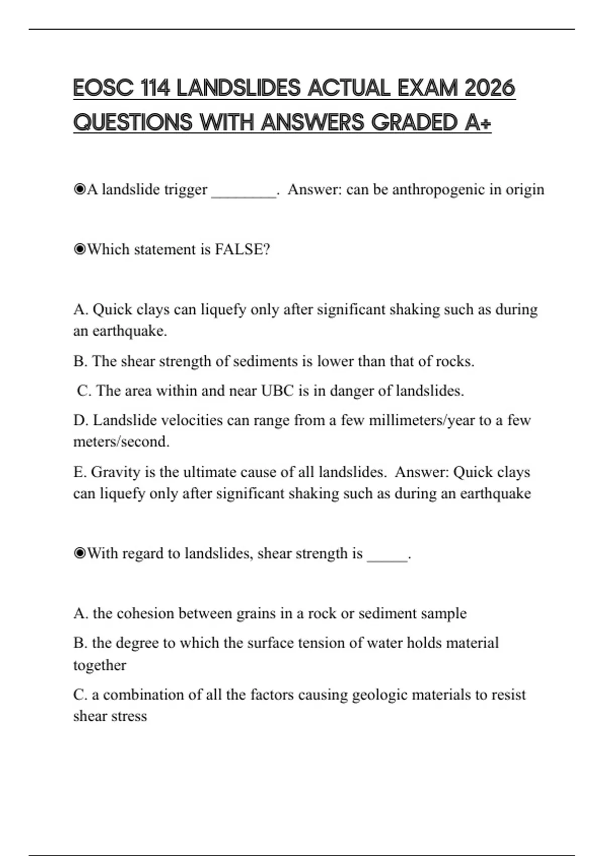 EOSC 114 LANDSLIDES ACTUAL EXAM 2026 QUESTIONS WITH ANSWERS GRADED A+ ...