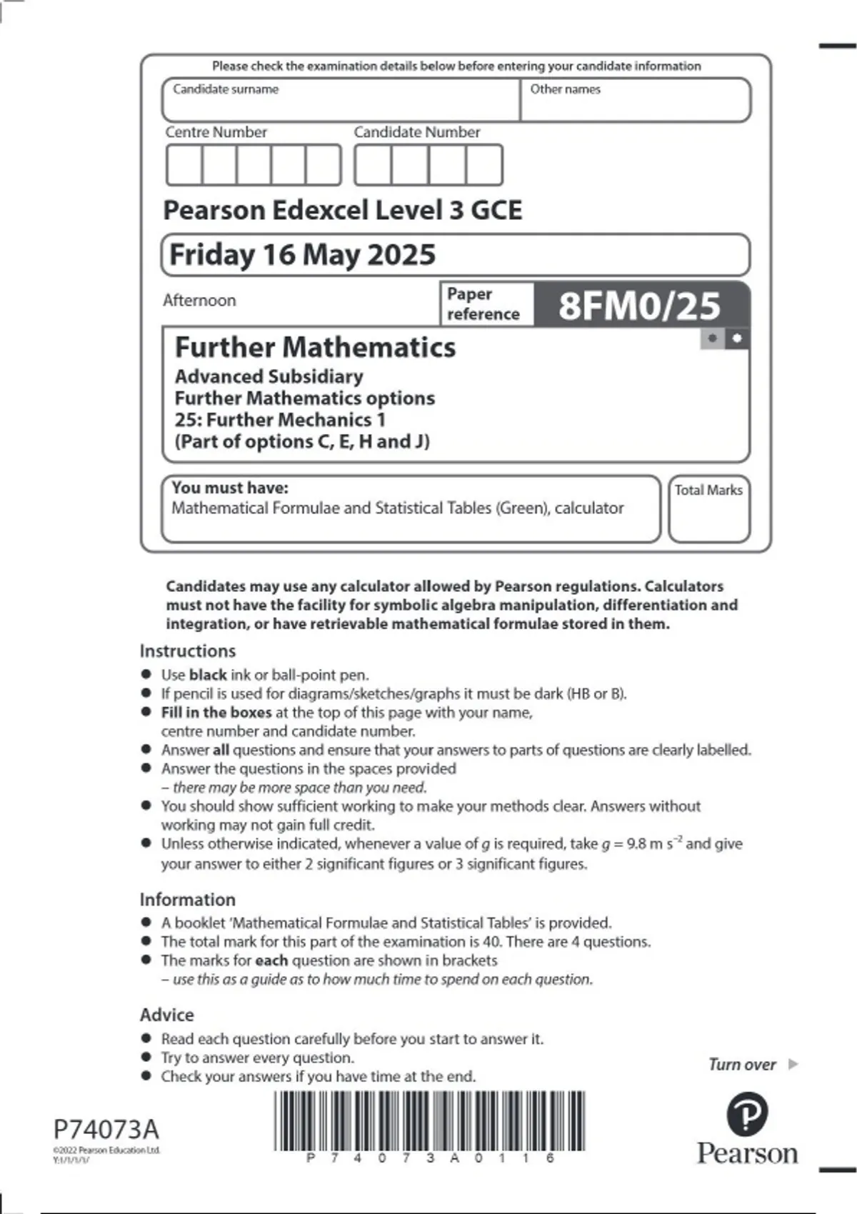 Pearson Edexcel Level 3 GCE Further Mathematics Advanced Subsidiary ...
