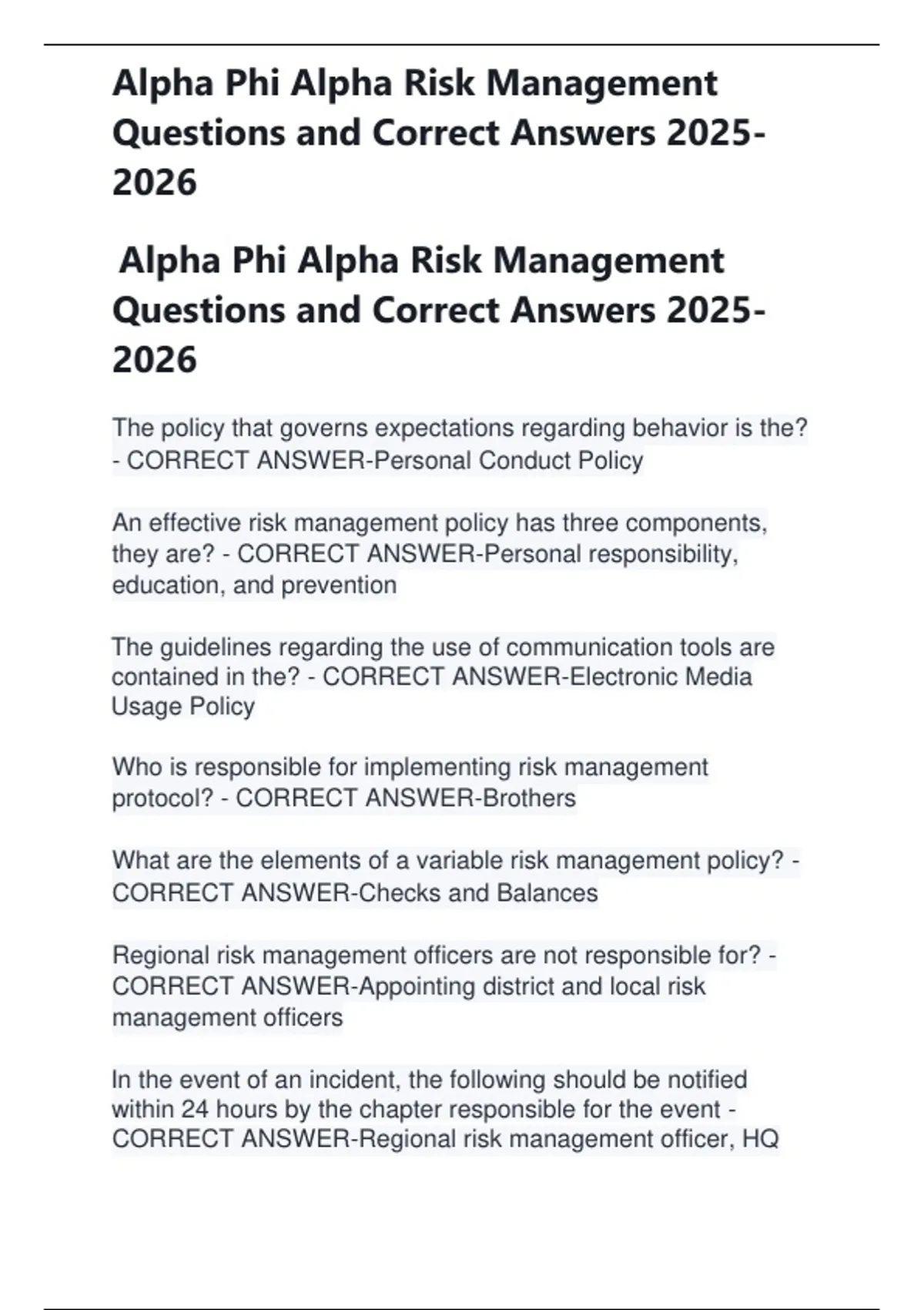 Alpha Phi Alpha Risk Management Questions and Correct Answers - Nursing ...