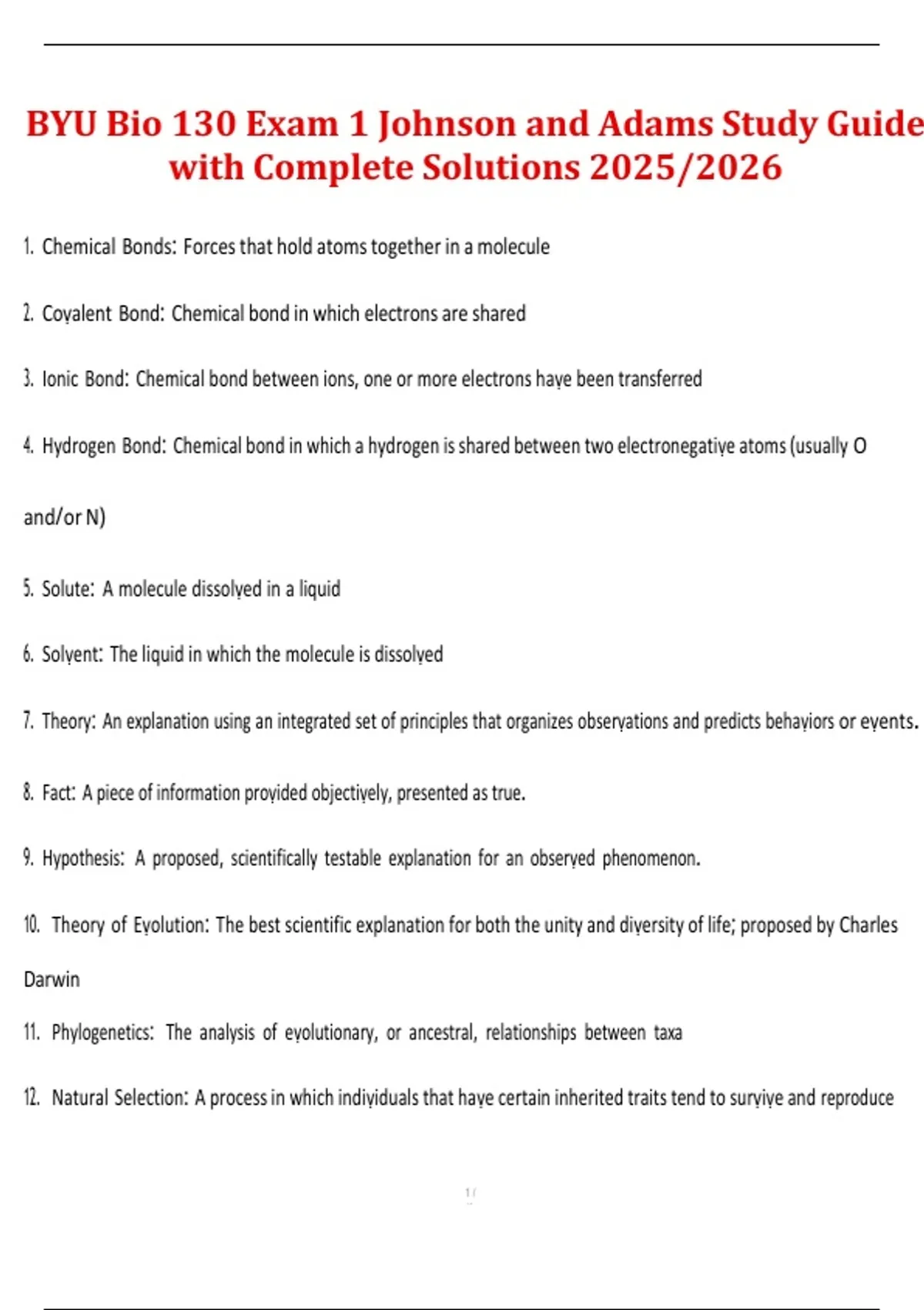 BIO 130 – Brigham Young University (BYU, Johnson & Adams) – Exam 1 ...