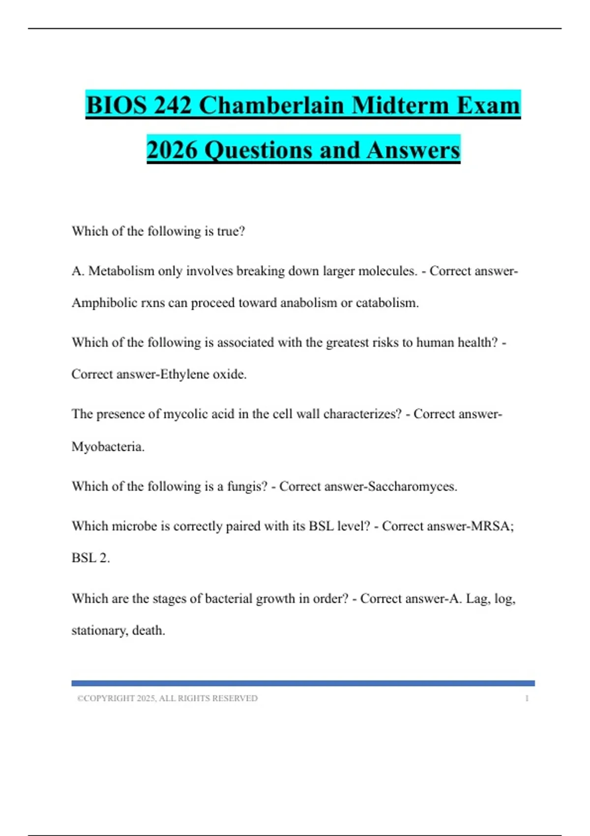 BIOS 242 Chamberlain Midterm Exam 2026 Questions and Answers - ATI Med ...
