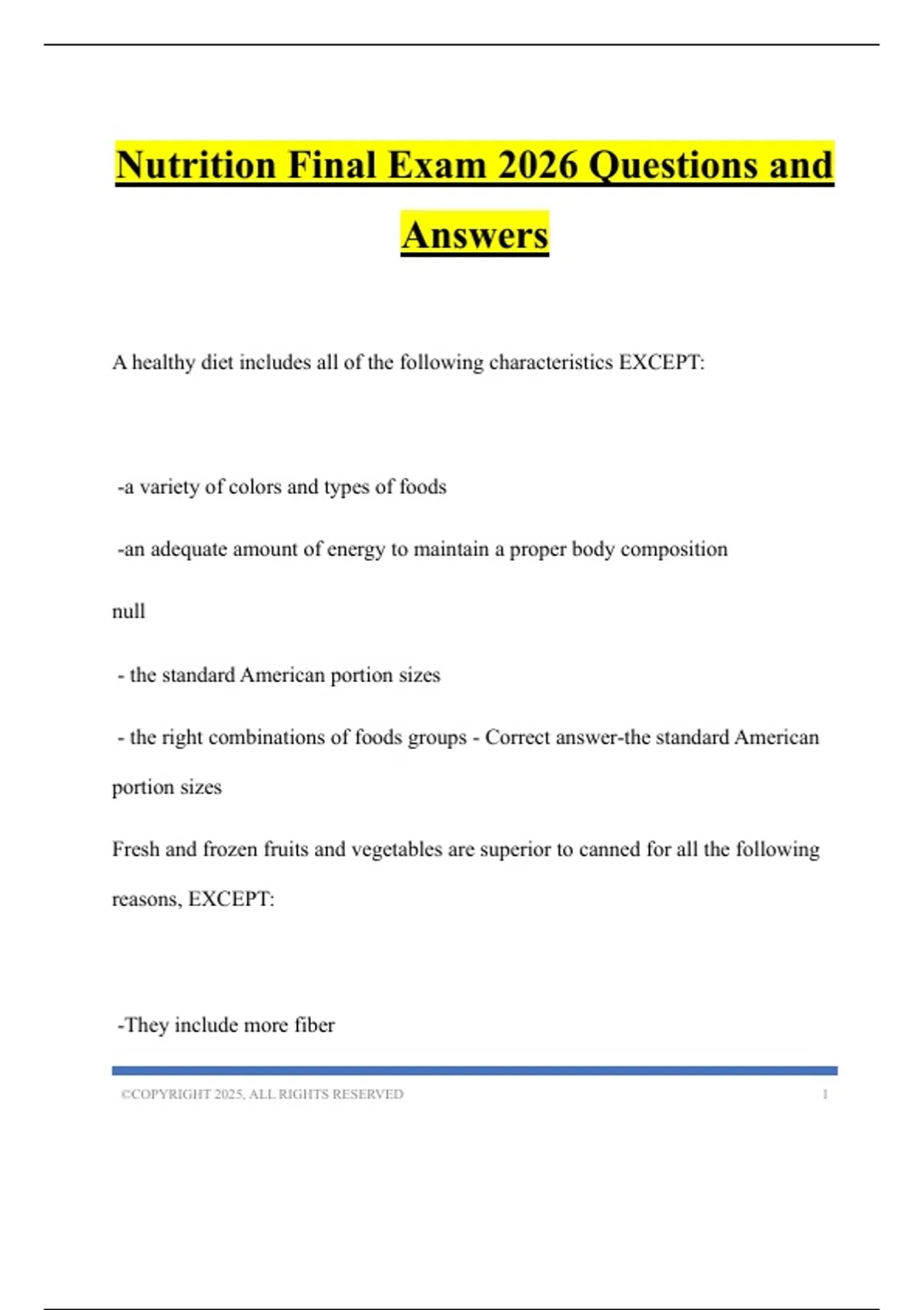 Nutrition Final Exam 2026 Questions and Answers - WGU C213 PA & OA ...