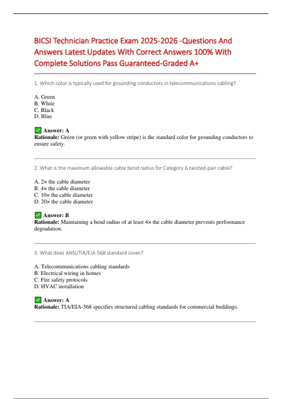 BICSI Technician Practice Exam 2025–2026 – Complete Questions, Answers ...
