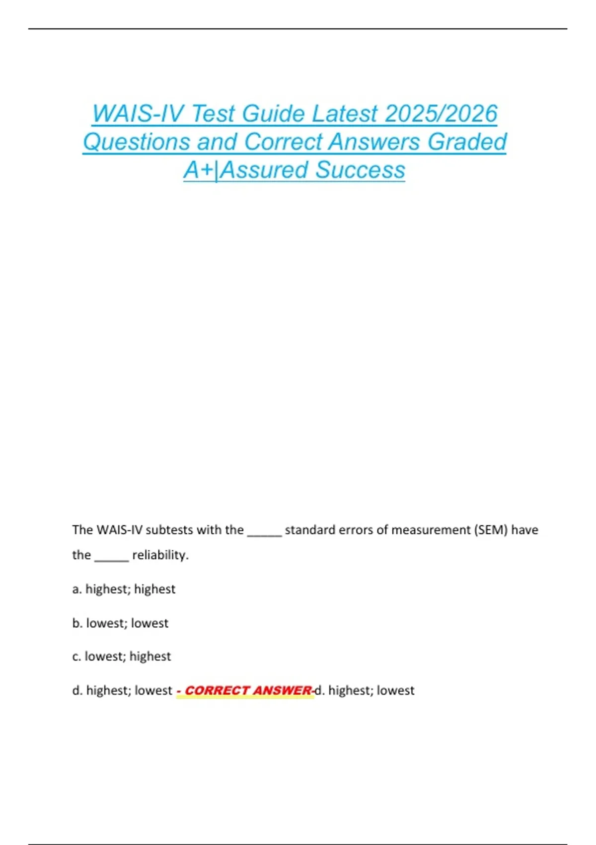 WAIS-IV Test Guide Latest 2025/2026 Questions and Correct Answers ...