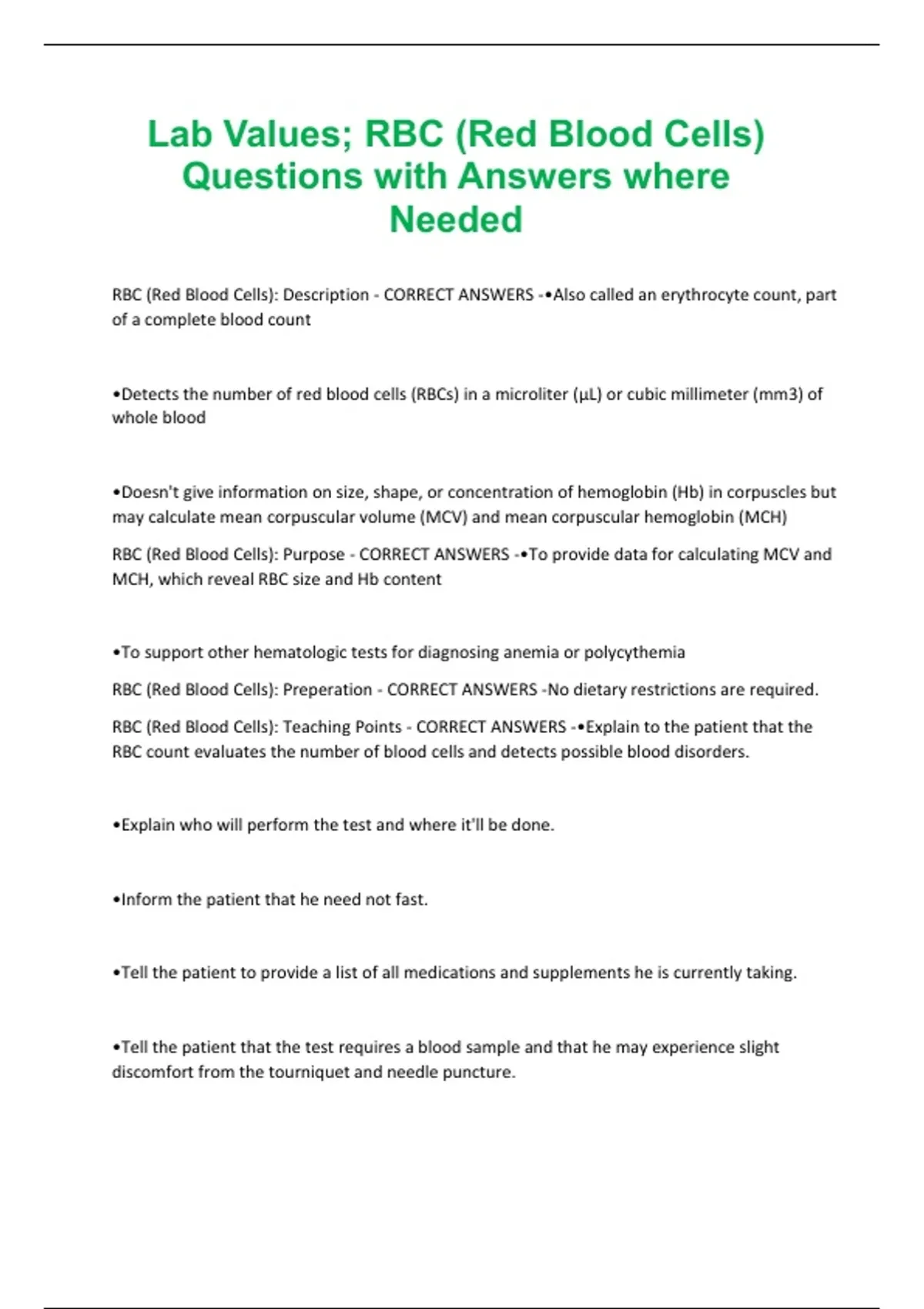 Lab Values; RBC (Red Blood Cells) Questions with Answers where Needed ...