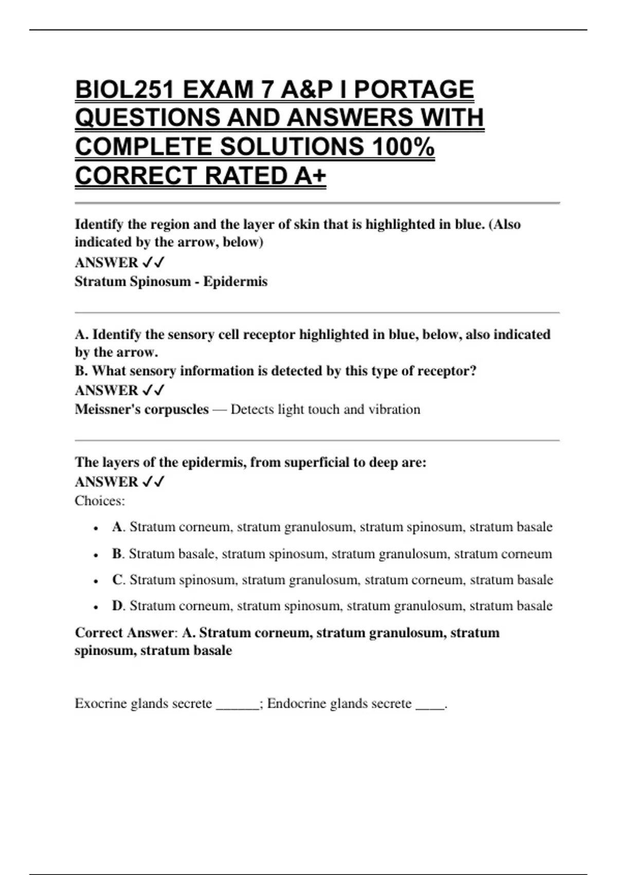 PORTAGE LEARNING ANATOMY & PHYSIOLOGY 1 EXAM 1 QUESTIONS AND ANSWERS ...