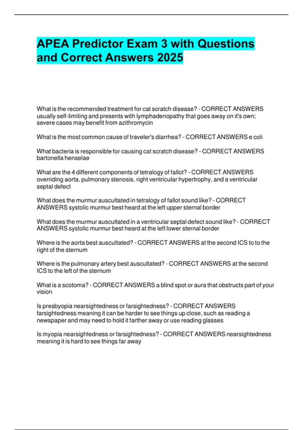 APEA Predictor Exam 3 with Questions and Correct Answers 2025. - APEA ...