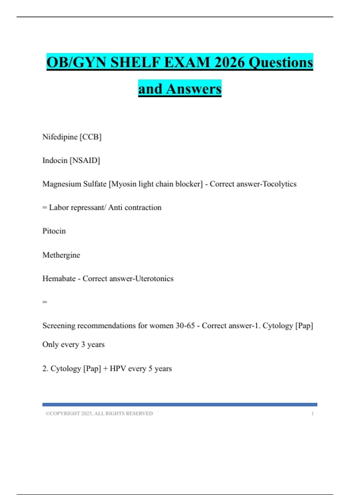 OB/GYN SHELF EXAM 2026 Questions and Answers - UWorld Self-Assessment 2 - Stuvia US