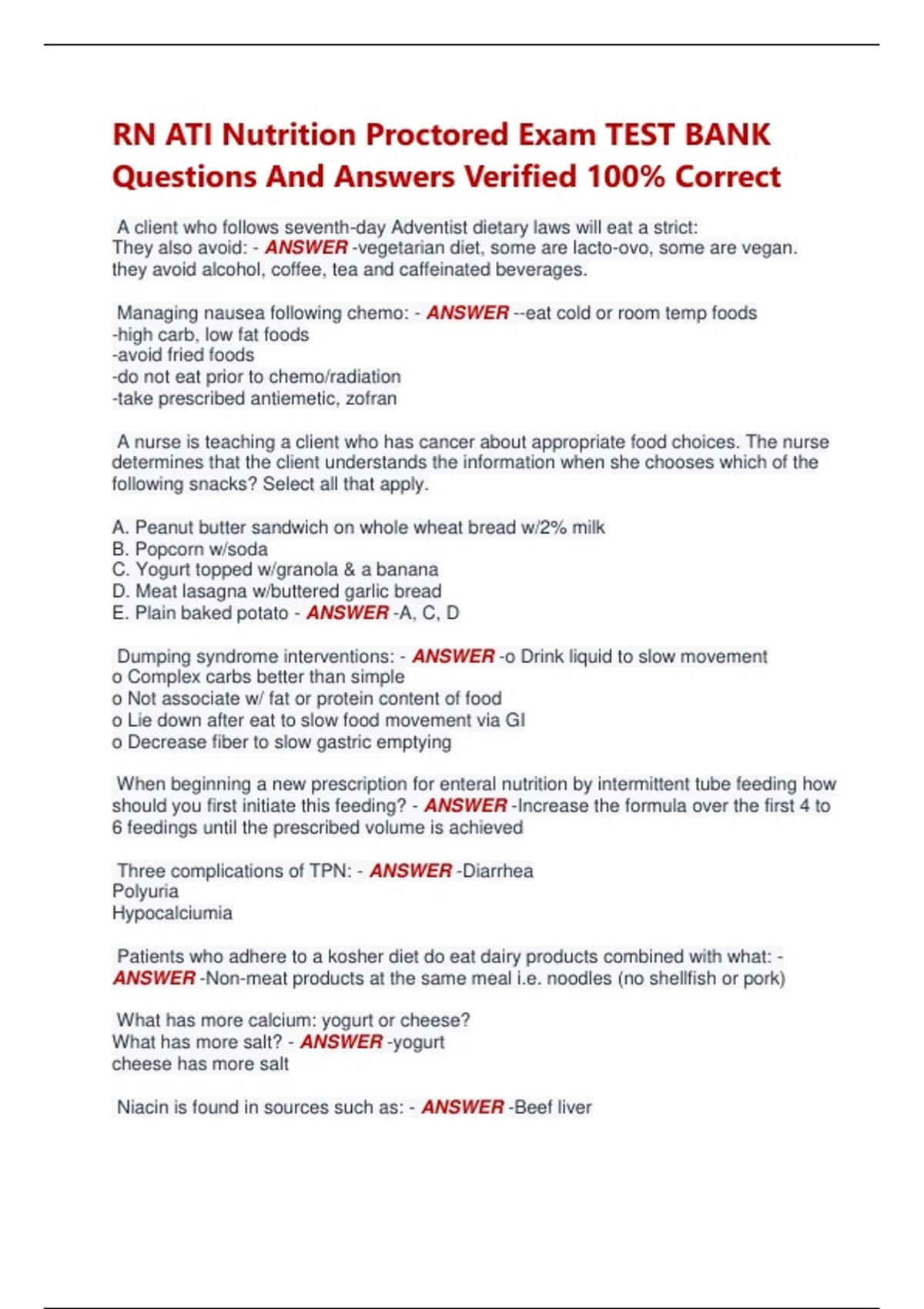 RN ATI Nutrition Proctored Exam TEST BANK Questions And Answers ...