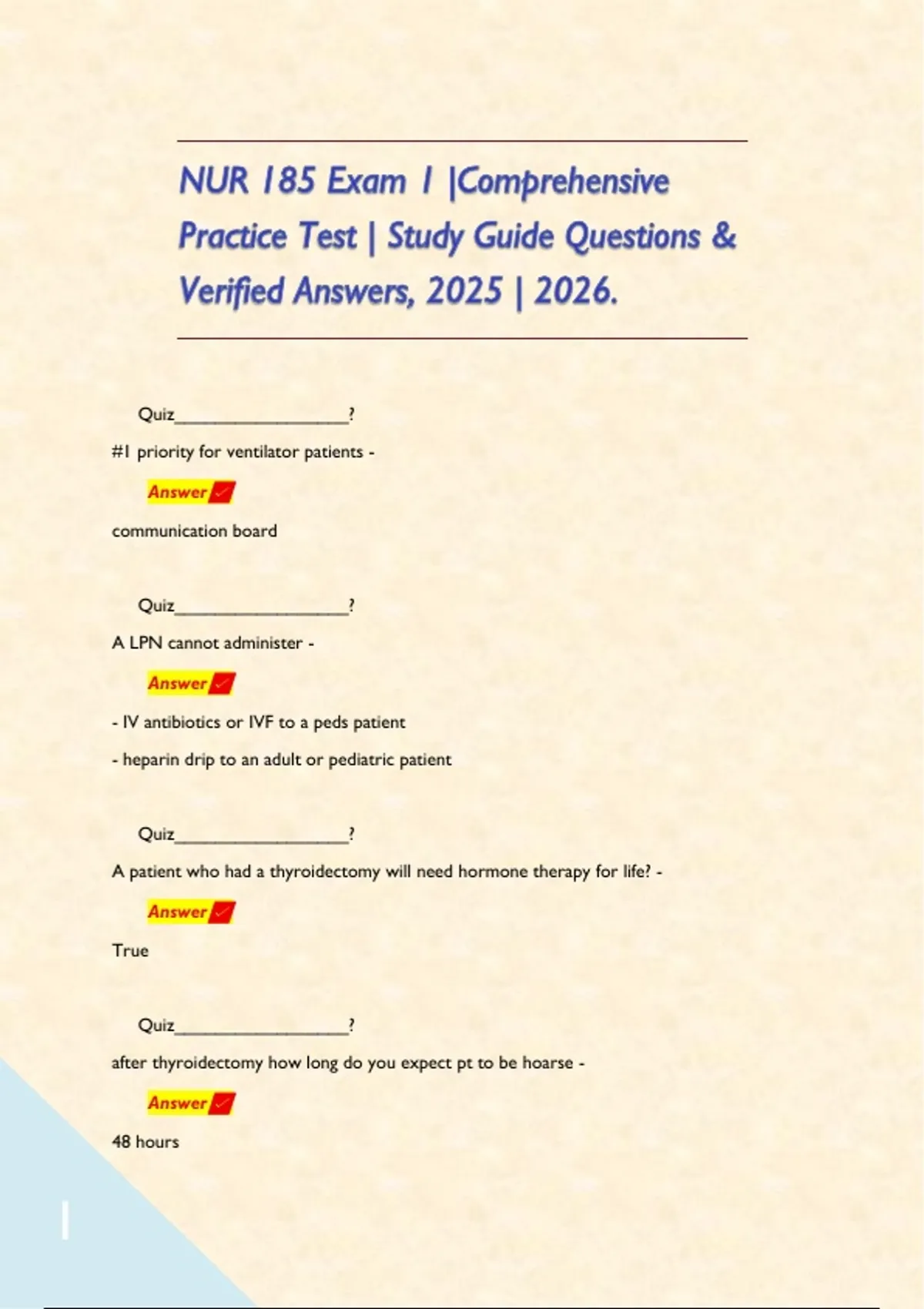 NUR 185 Exam 1 |Comprehensive Practice Test | Study Guide Questions ...