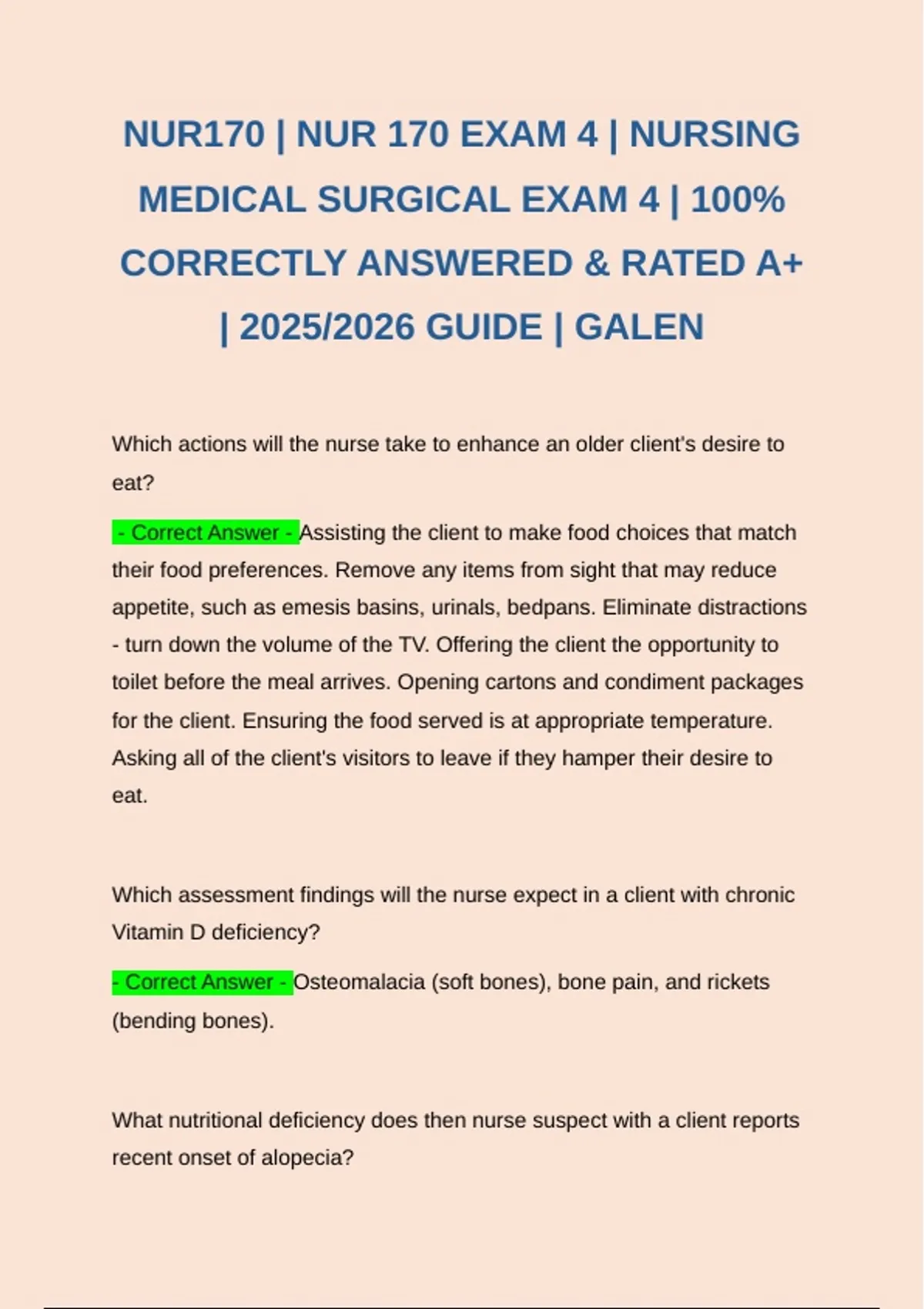 NUR170 | NUR 170 EXAM 4 | NURSING MEDICAL SURGICAL EXAM 4 | 100% ...