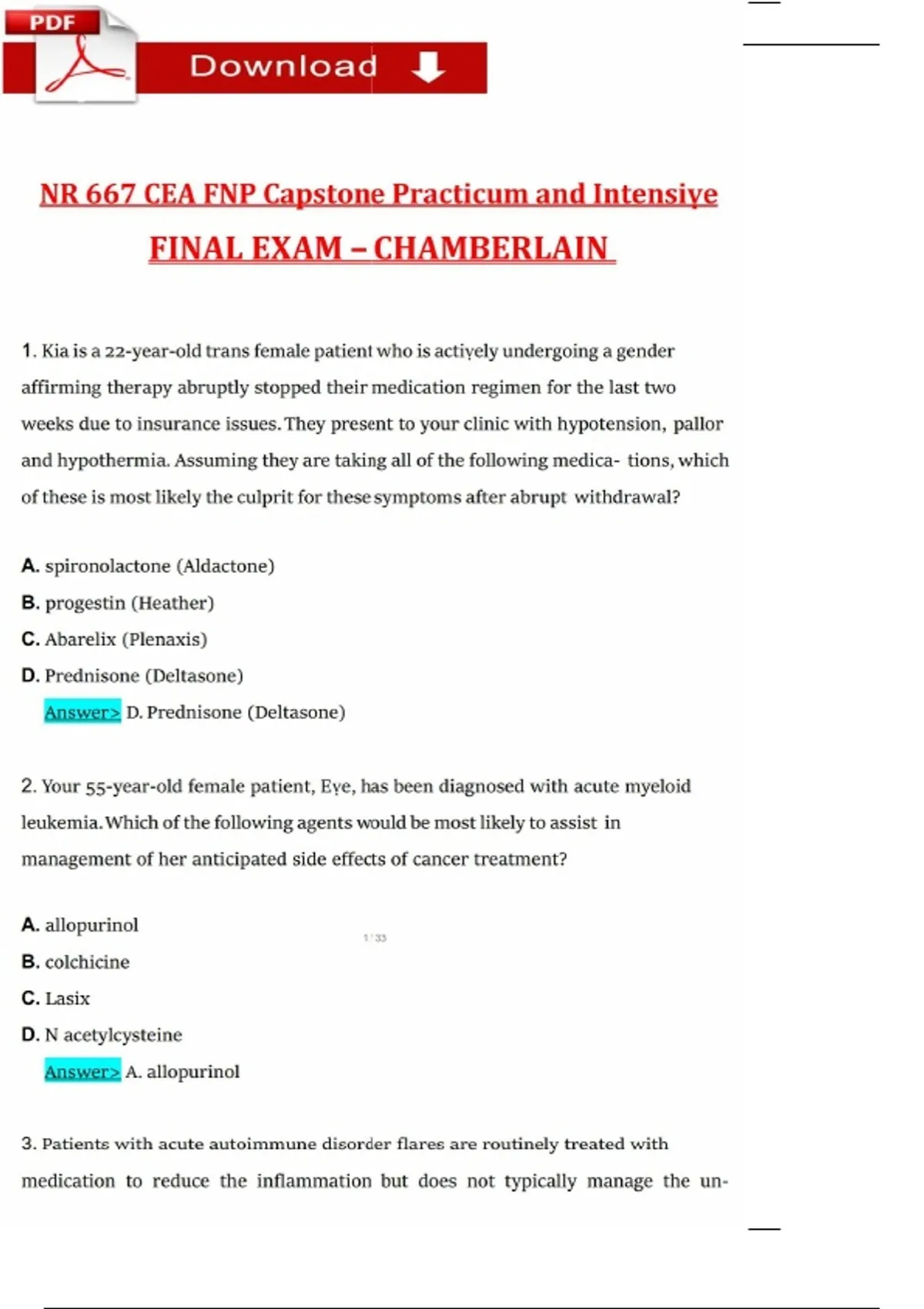 NR 667 CEA FNP Capstone Practicum & Intensive Final Exam | Chamberlain ...