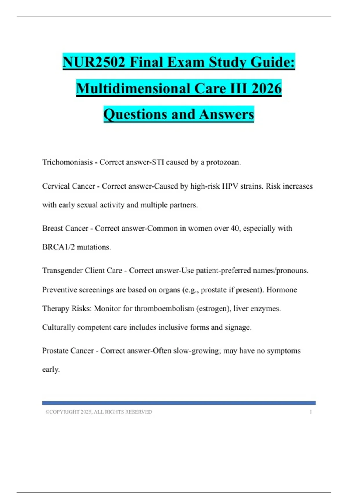 NUR2502 Final Exam Study Guide: Multidimensional Care III 2026 ...