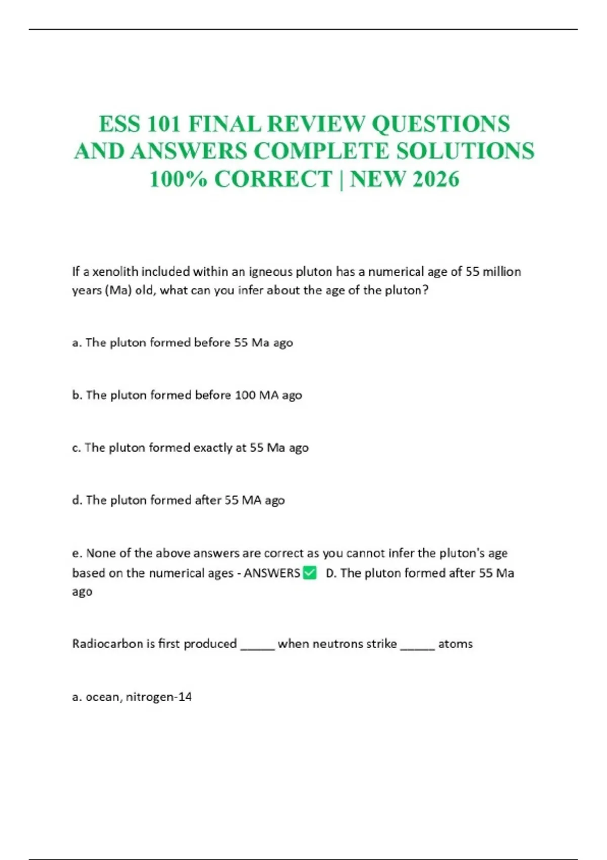 ESS 101 FINAL REVIEW QUESTIONS AND ANSWERS COMPLETE SOLUTIONS 100% ...