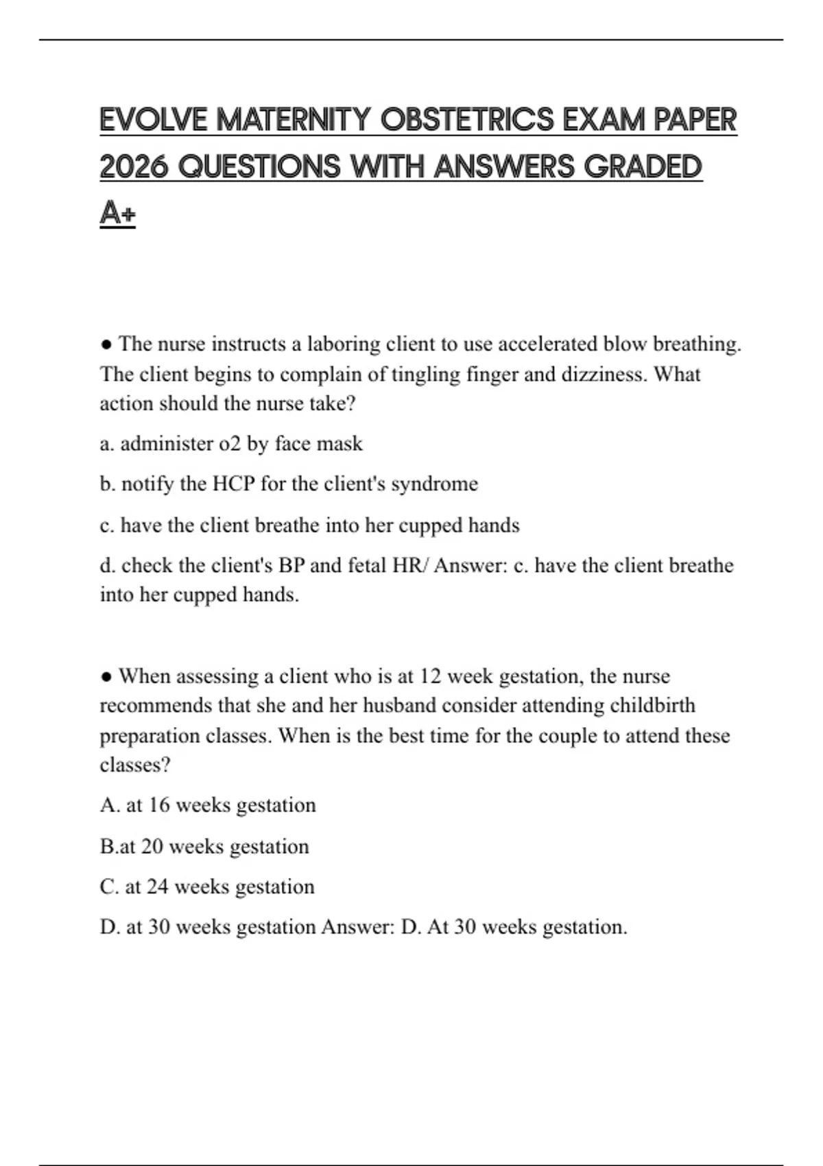EVOLVE MATERNITY OBSTETRICS EXAM PAPER 2026 QUESTIONS WITH ANSWERS ...