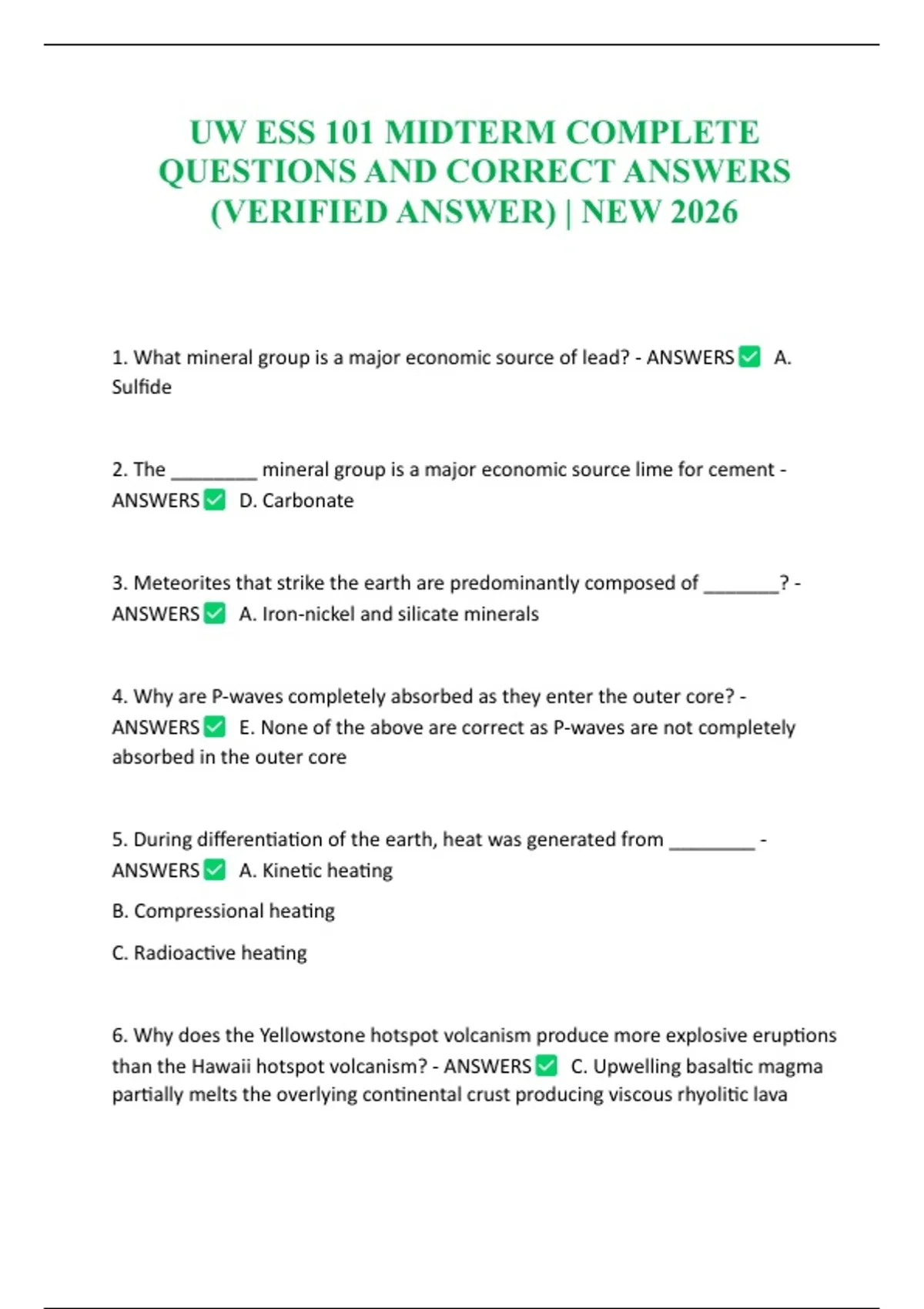 UW ESS 101 MIDTERM COMPLETE QUESTIONS AND CORRECT ANSWERS (VERIFIED ...