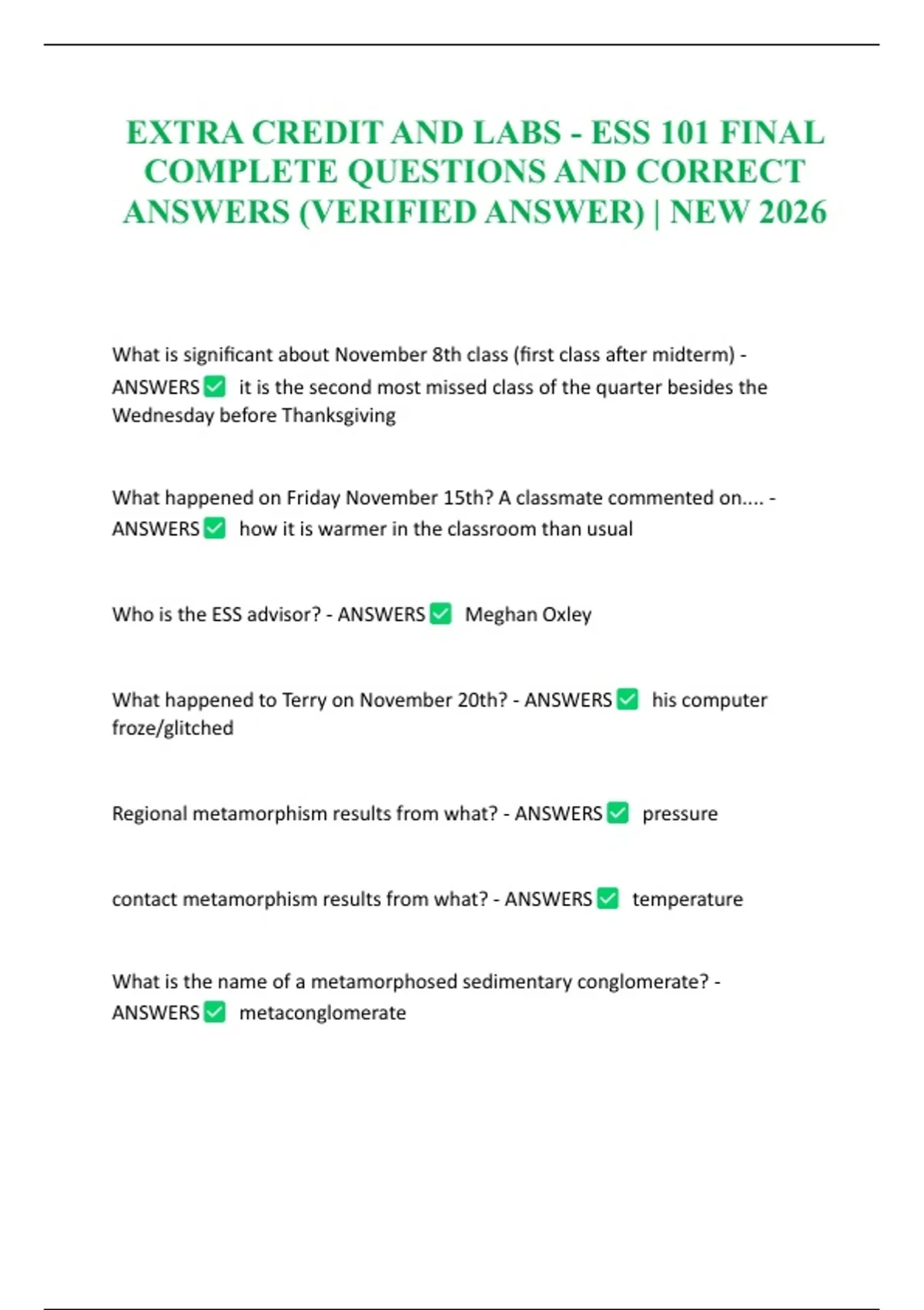 EXTRA CREDIT AND LABS - ESS 101 FINAL COMPLETE QUESTIONS AND CORRECT ...