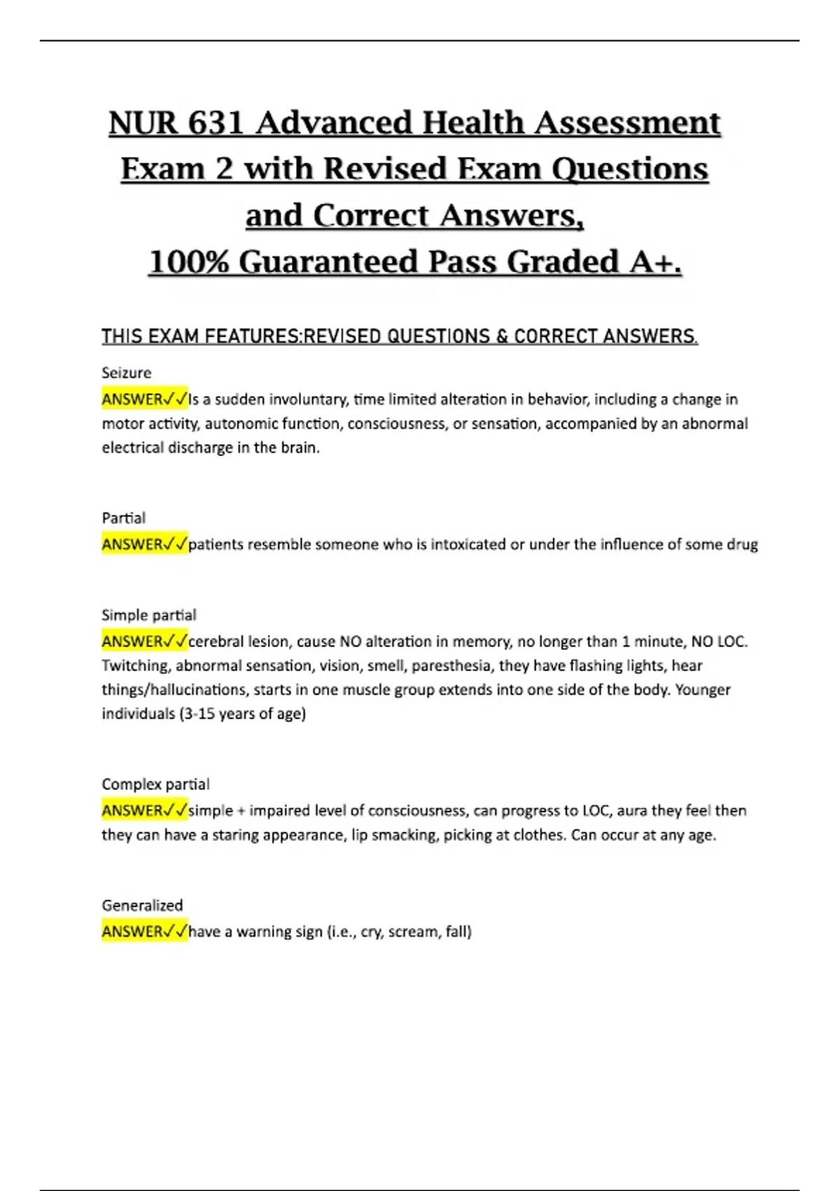 NUR 631 – Advanced Health Assessment Exam 2 | Revised Exam Questions ...