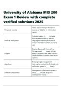 University of Alabama MIS 200 Exam 1 Review with complete verified solutions 2025