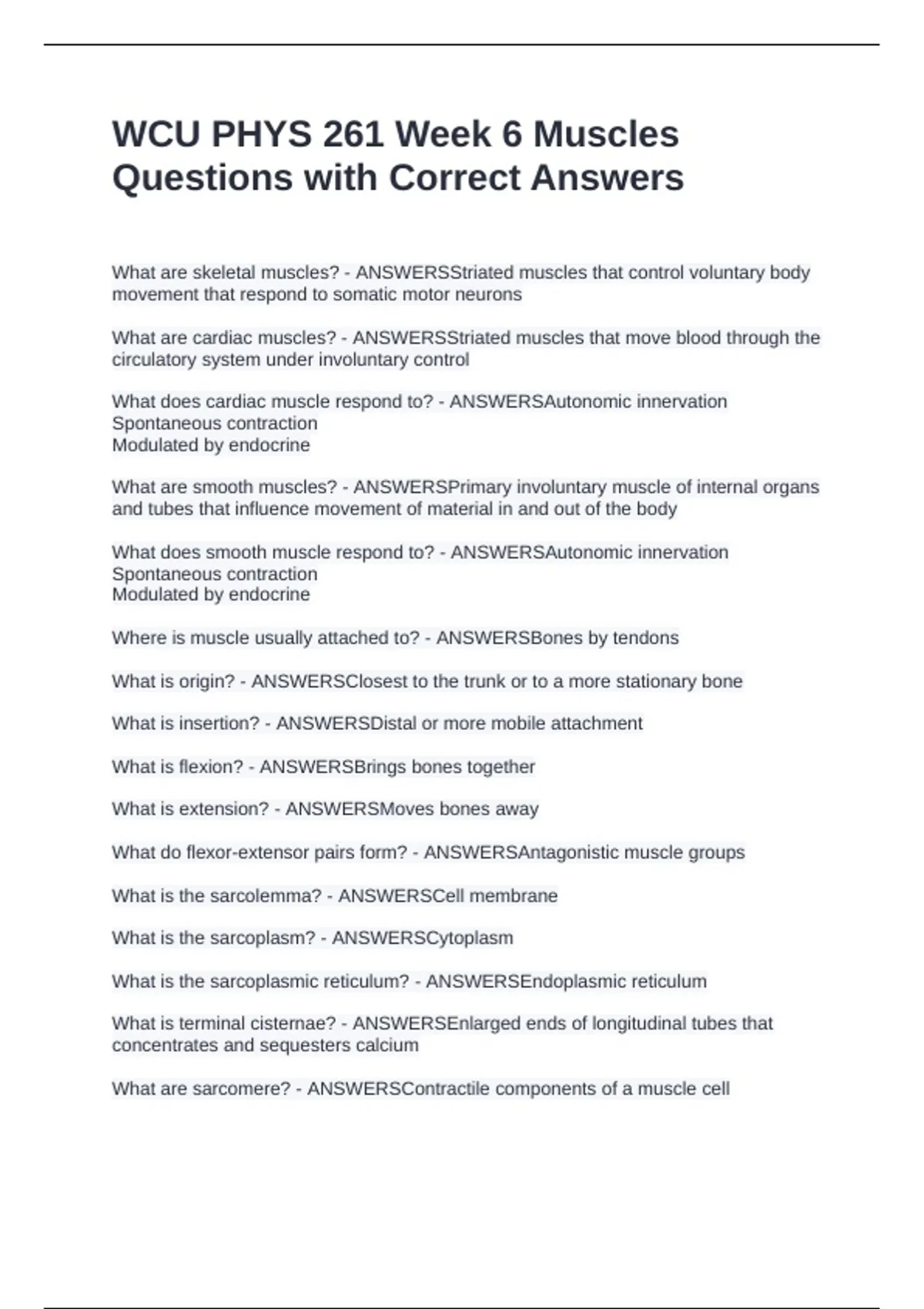 WCU PHYS 261 Week 6 Muscles Questions with Correct Answers - WCU PHYS ...