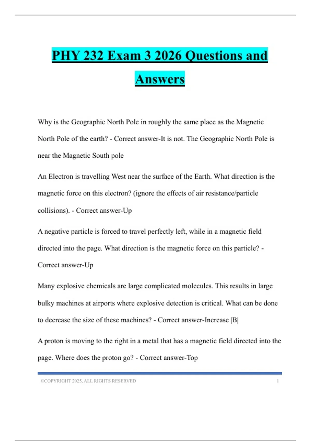 PHY 232 Exam 3 2026 Questions and Answers - Phys 232 - Stuvia US