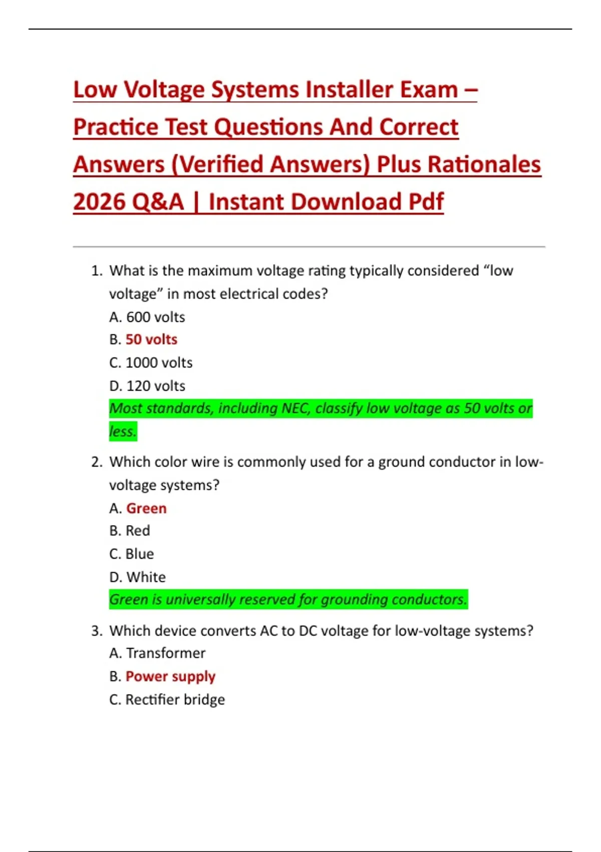 Low Voltage Systems Installer Exam – Practice Test Questions And Correct Answers (Verified ...