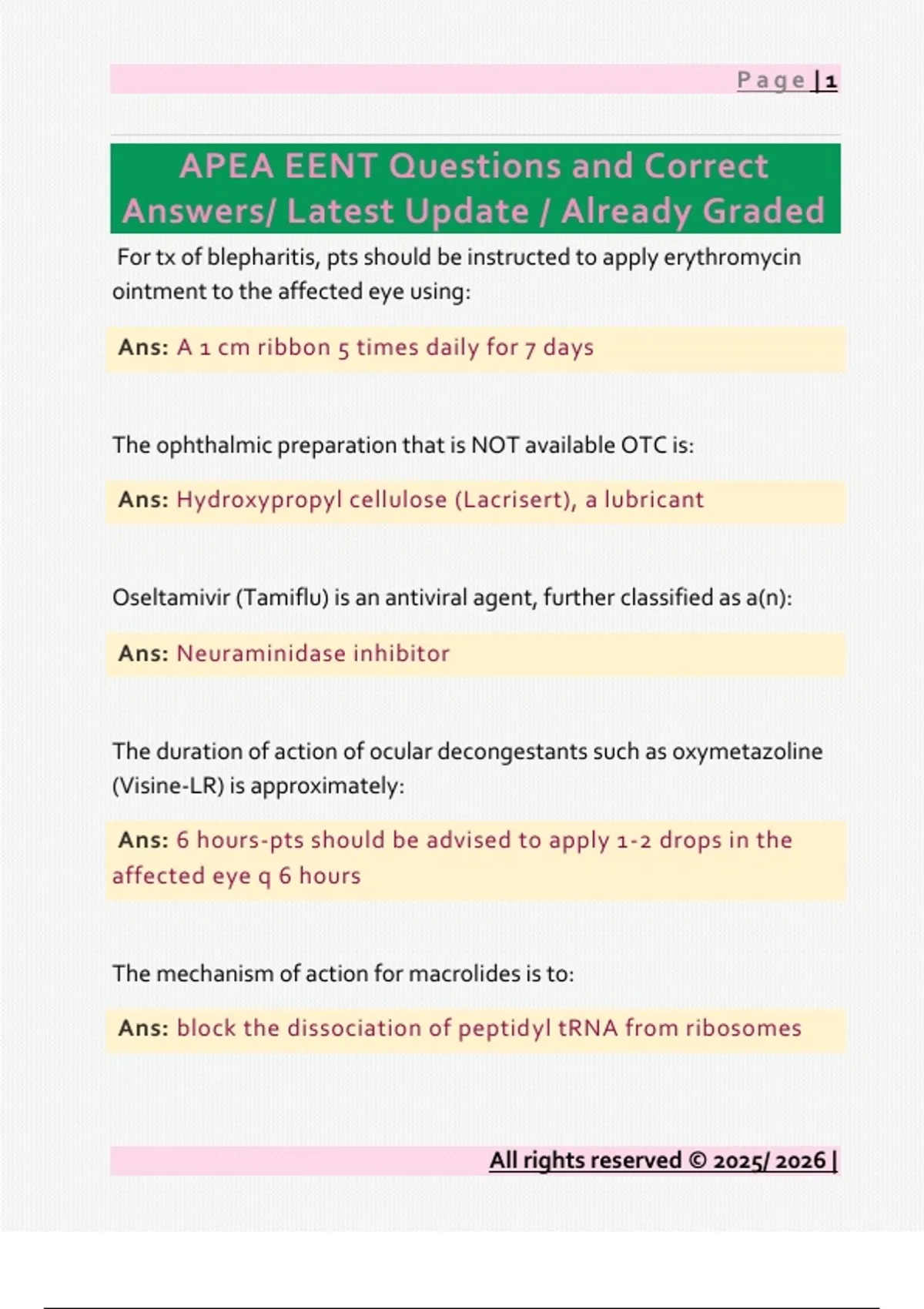 APEA EENT Questions and Correct Answers/ Latest Update / Already Graded ...