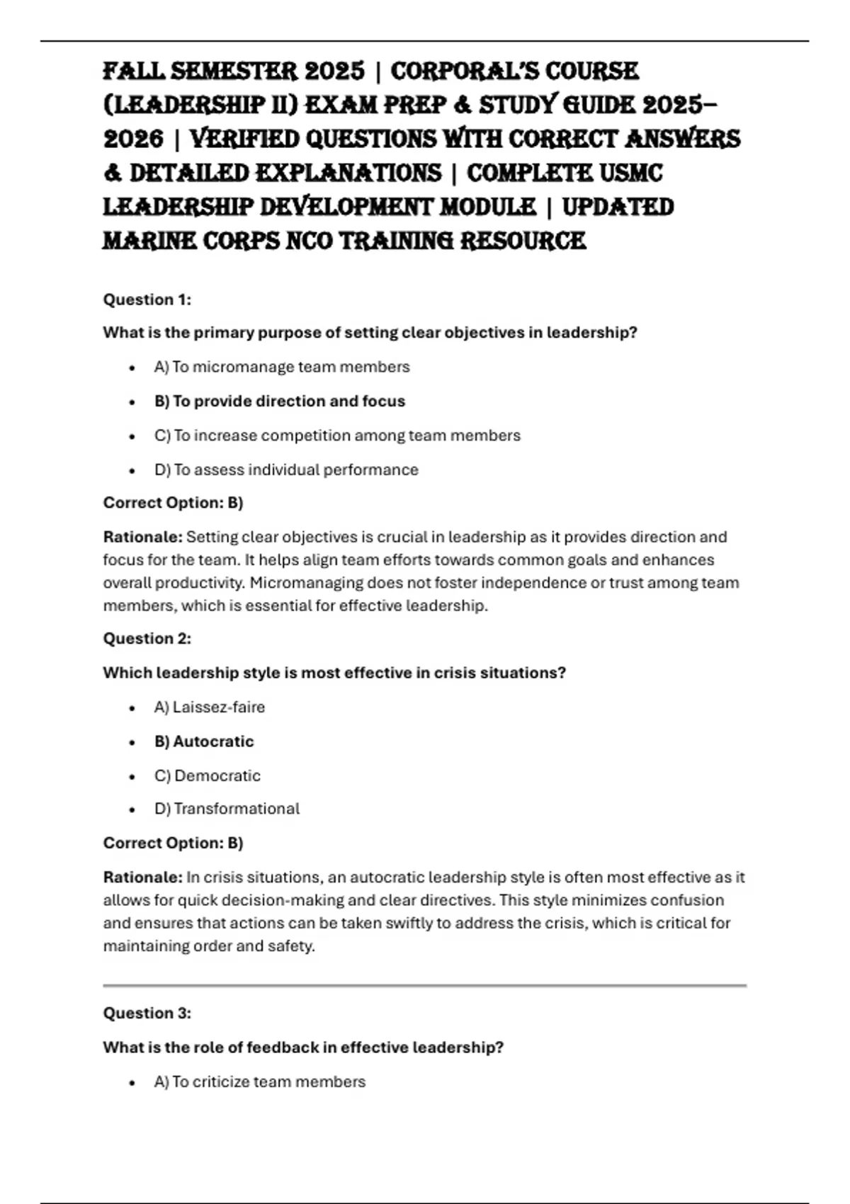 Fall Semester 2025 | Corporal’s Course (Leadership II) Exam Prep ...