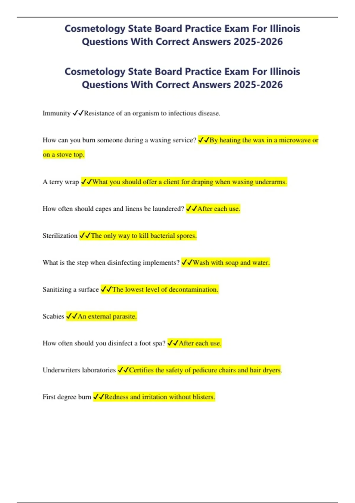 Cosmetology State Board Practice Exam For Illinois Questions With Correct Answers - Nursing ...