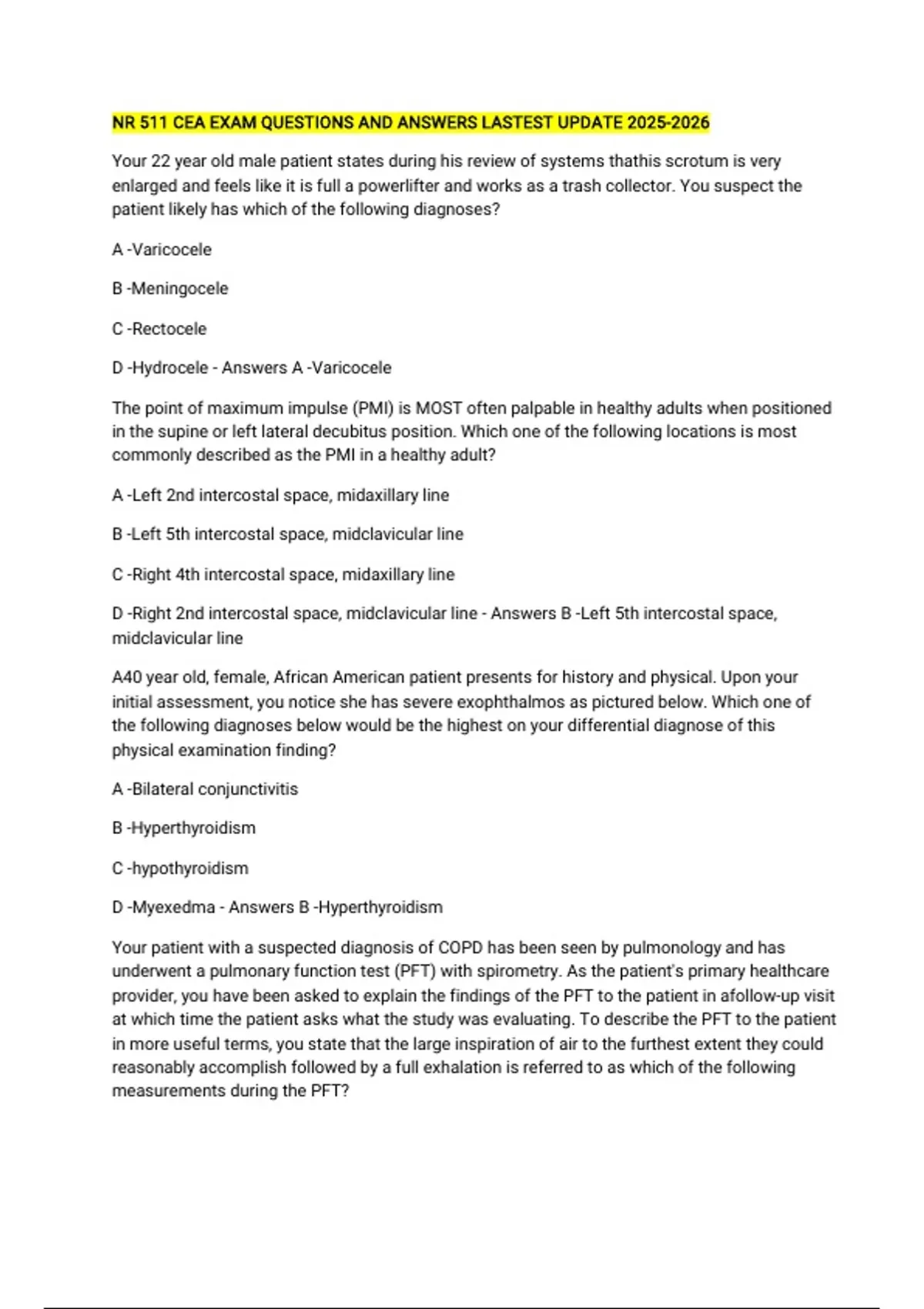 NR 511 CEA EXAM QUESTIONS AND ANSWERS LASTEST UPDATE - NR 511 CEA ...