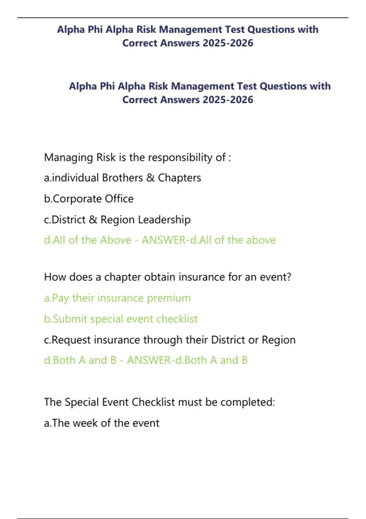 Alpha Phi Alpha Risk Management Test Questions with Correct Answers ...