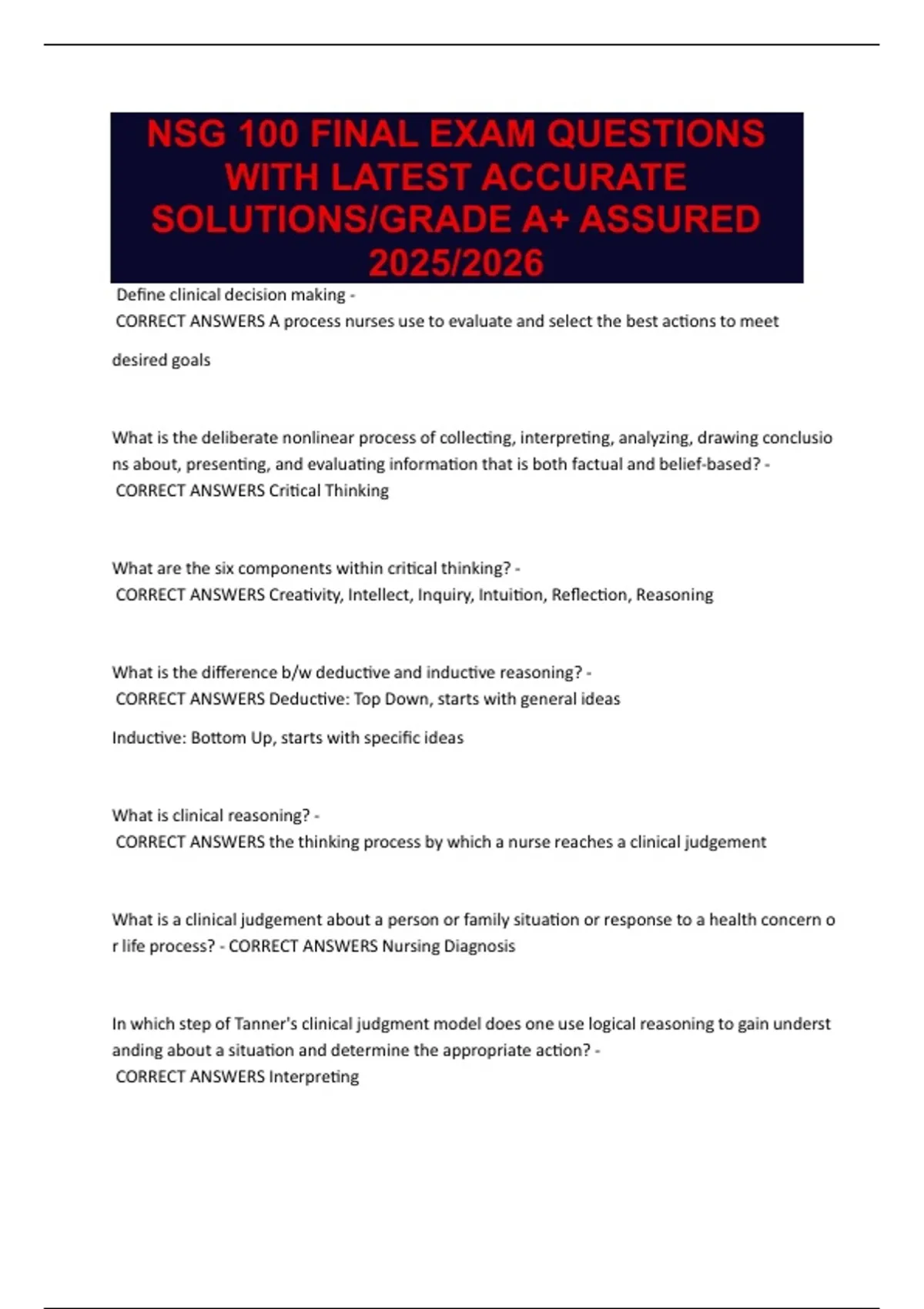 NSG 100 FINAL EXAM QUESTIONS WITH LATEST ACCURATE SOLUTIONS/GRADE A+ ...