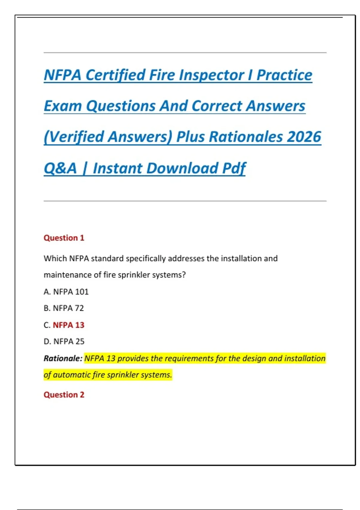 Compilation Bundle for NFPA Certified Fire Inspector I Practice Exams Questions And Correct ...