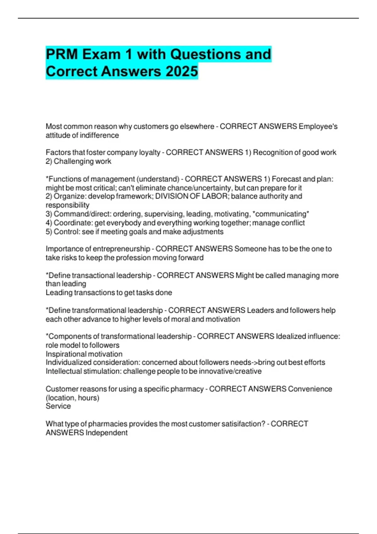 PRM Exam 1 with Questions and Correct Answers 2025. - PRM ...