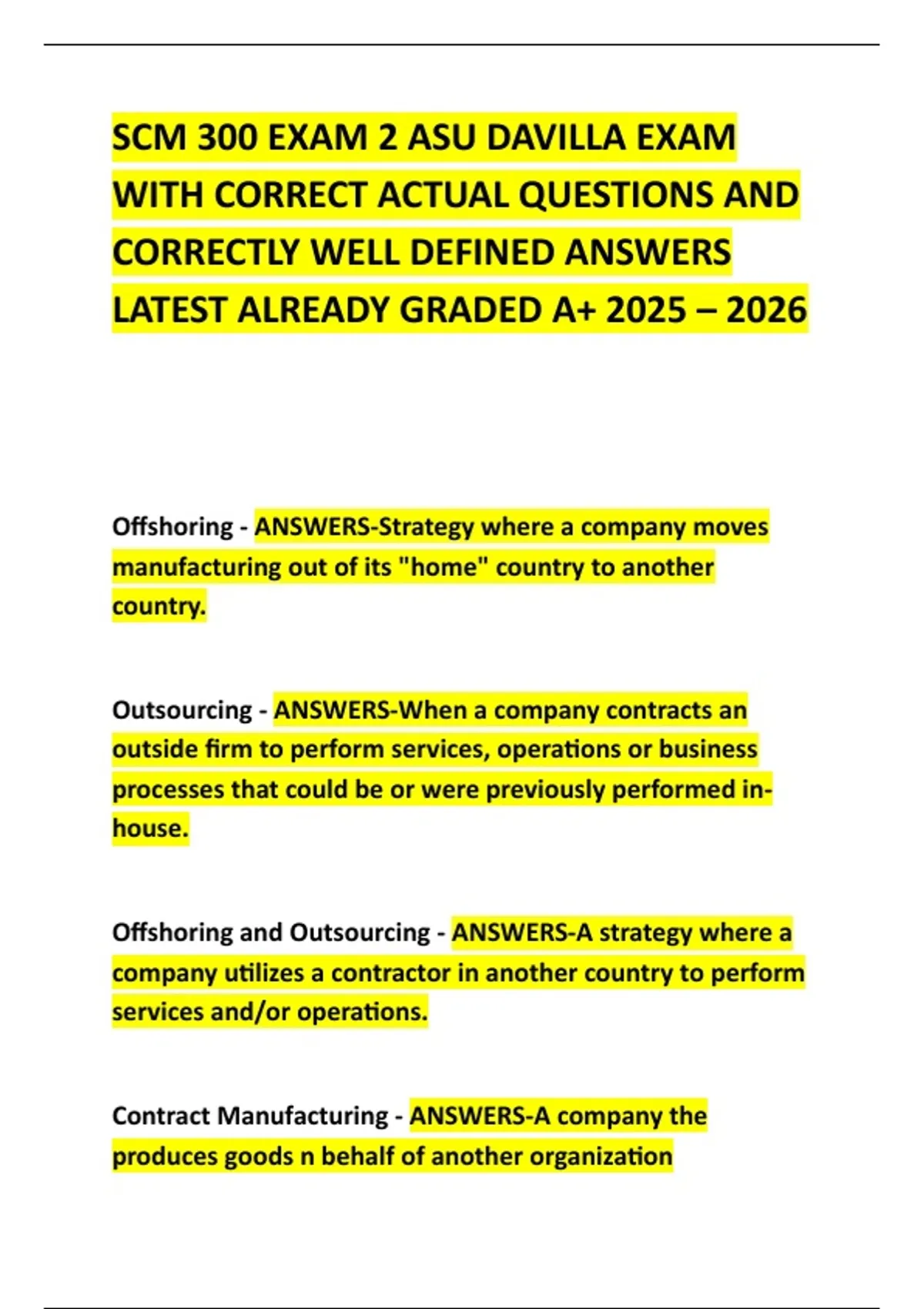 SCM 300 EXAM 2 ASU DAVILLA EXAM WITH CORRECT ACTUAL QUESTIONS AND ...
