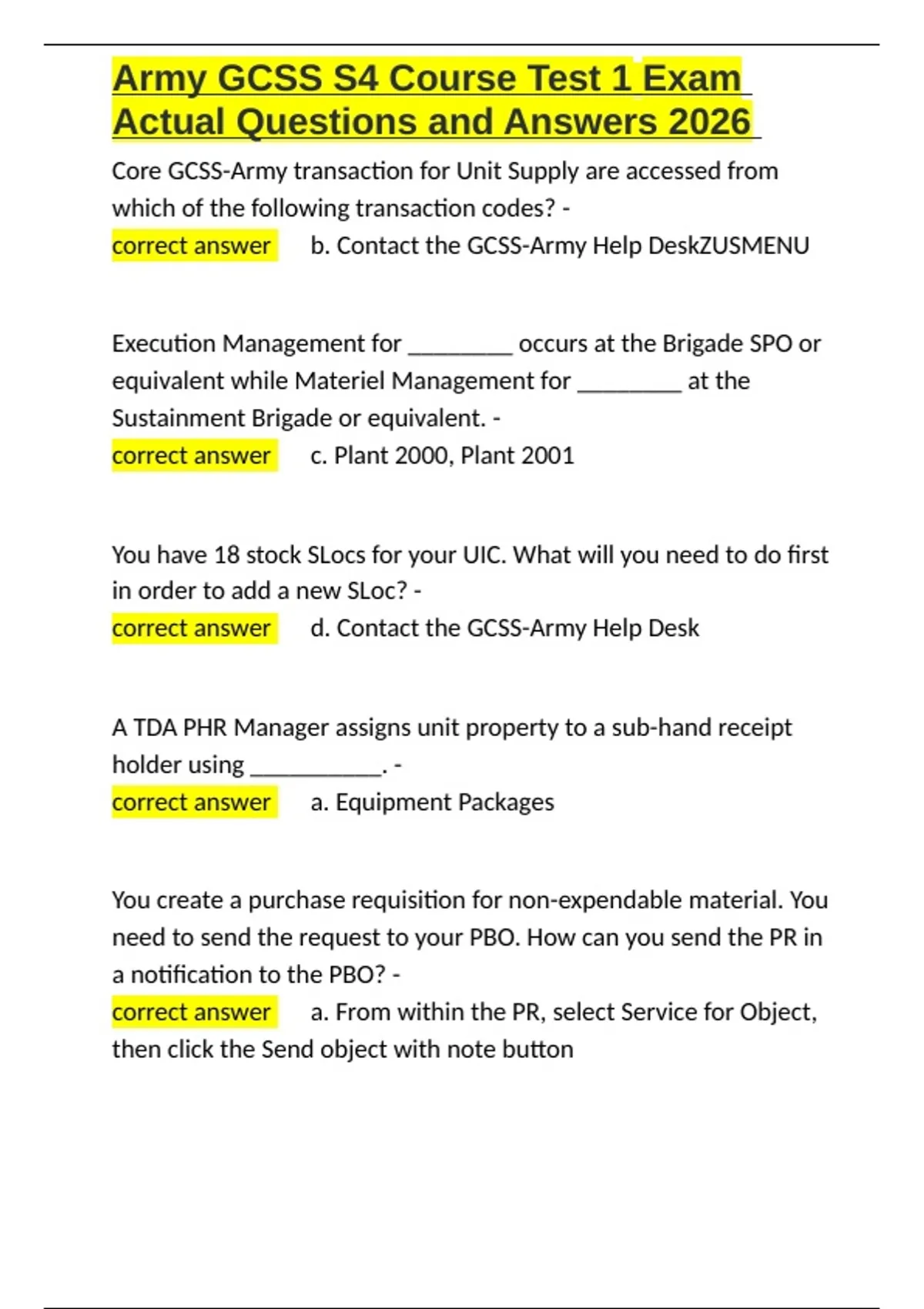 Gcss Task Notes Army GCSS S4 Course Test 1 Exam Actual Questions and Answers 2026.docx ...
